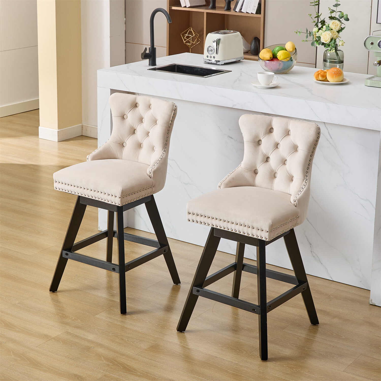 Set of 2 Swivel Velvet Bar Stools Bar Chair Counter Height Dining Chair