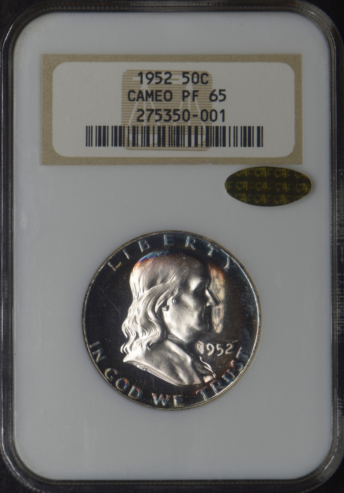 1952 Franklin Silver Half Dollar NGC & Gold CAC PF65 Cameo Toned - ✪COINGIANTS✪