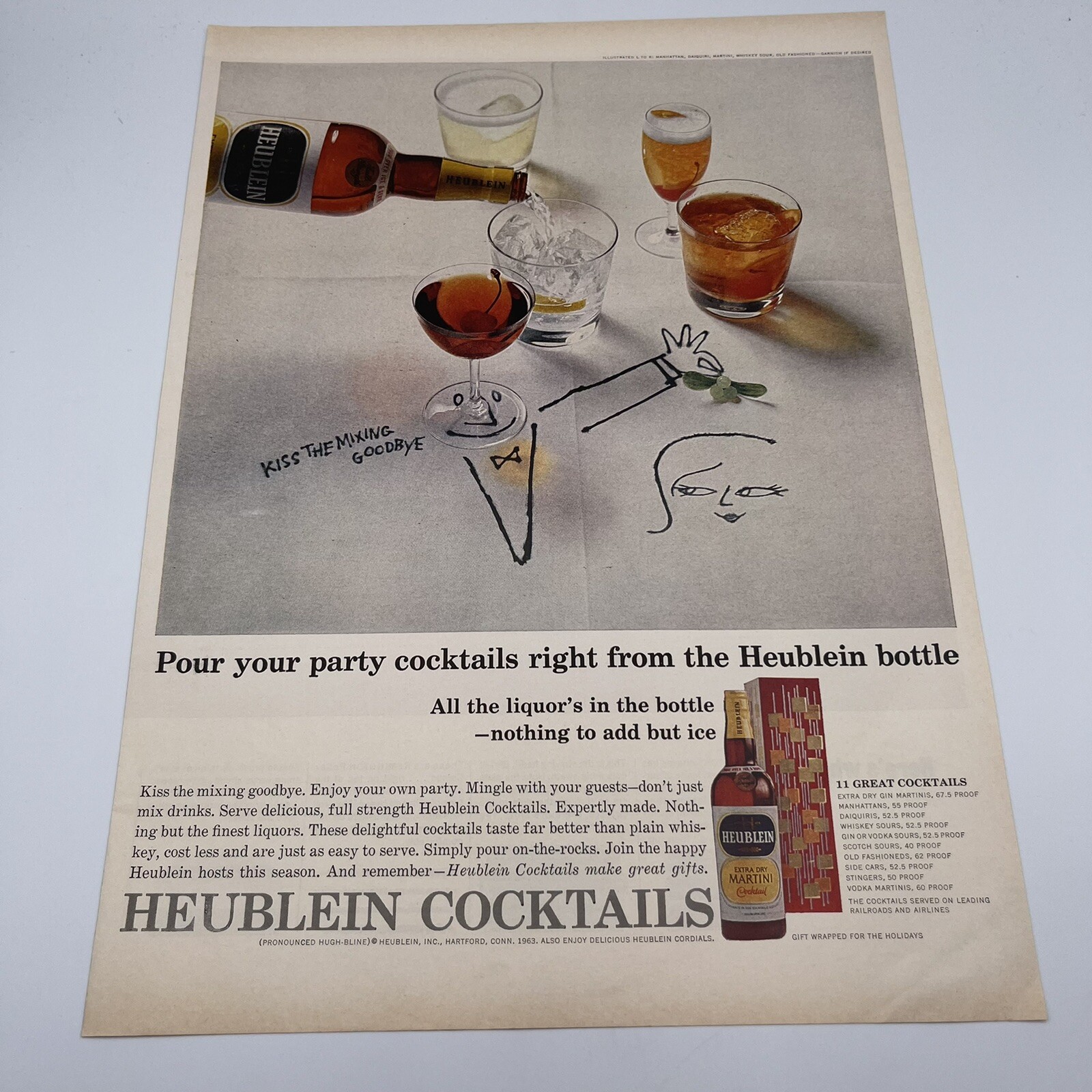 1963 Heublein Cocktails Vintage Print Ad 10"x14" kiss the mixing goodbye