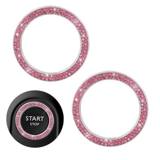 2PCS Car Bling Engine Start Ring Decal, Crystal Auto Push Start Button Pink