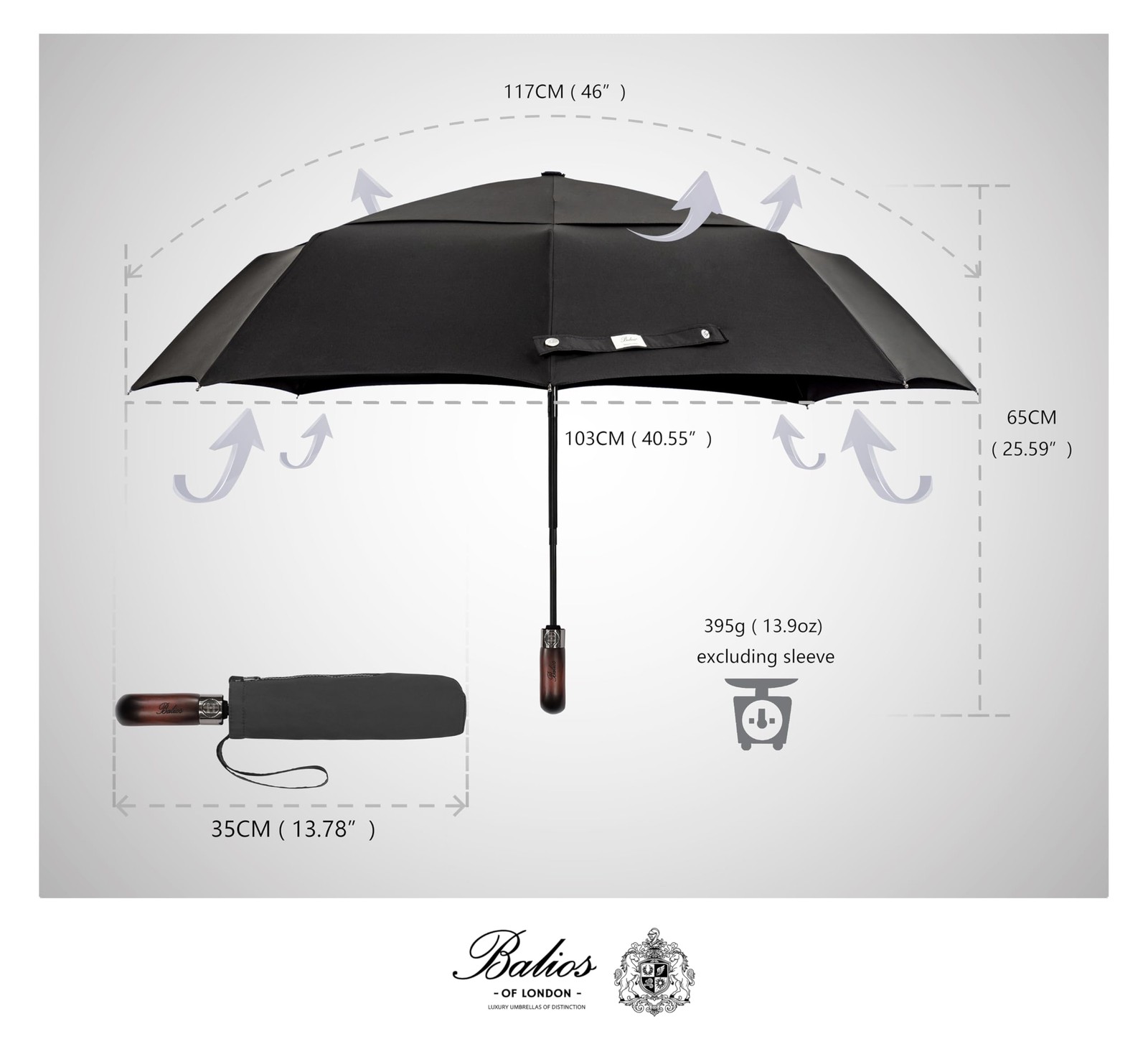 Travel Umbrella with Wood Handle | Auto Open, Close, Vented, Windproof Black