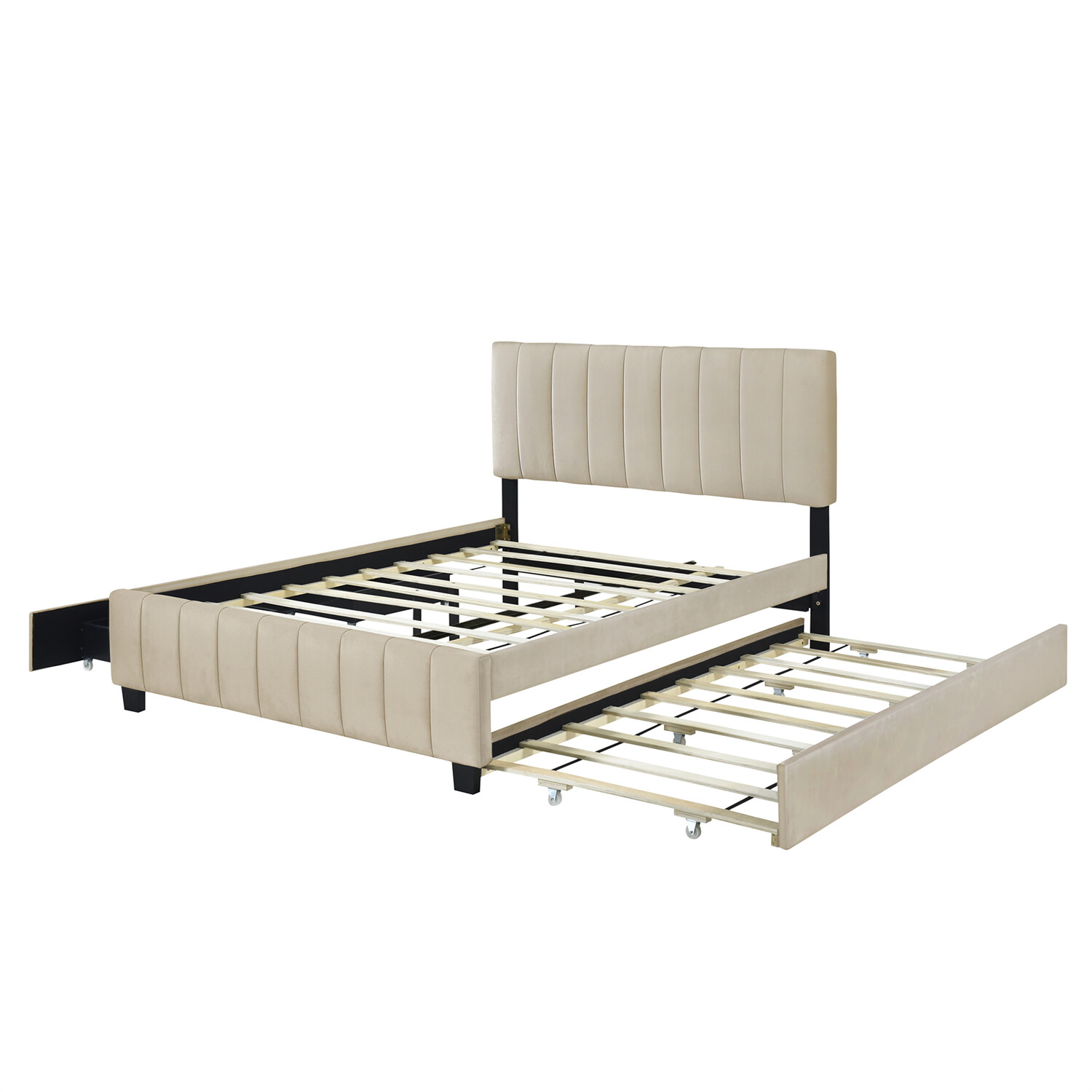 Queen Size Bed Frame Velvet Upholstered Platform Bed with 2 Drawers & Trundle