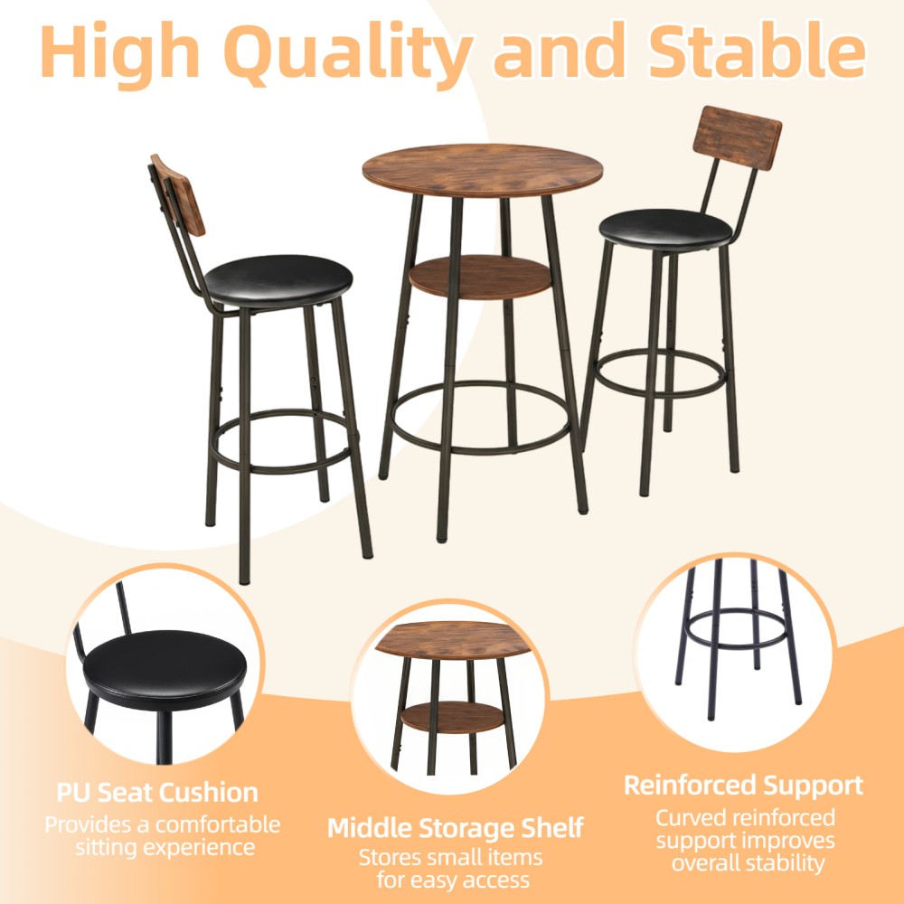 3 Pieces Round Bar Table and Chairs Set, Small Dining Table for 2 with 2-Tier