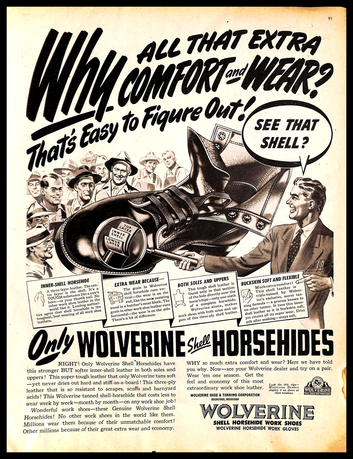 1947 Wolverine Shell Horsehide Work Shoes Vintage PRINT AD Farming Boots B&W