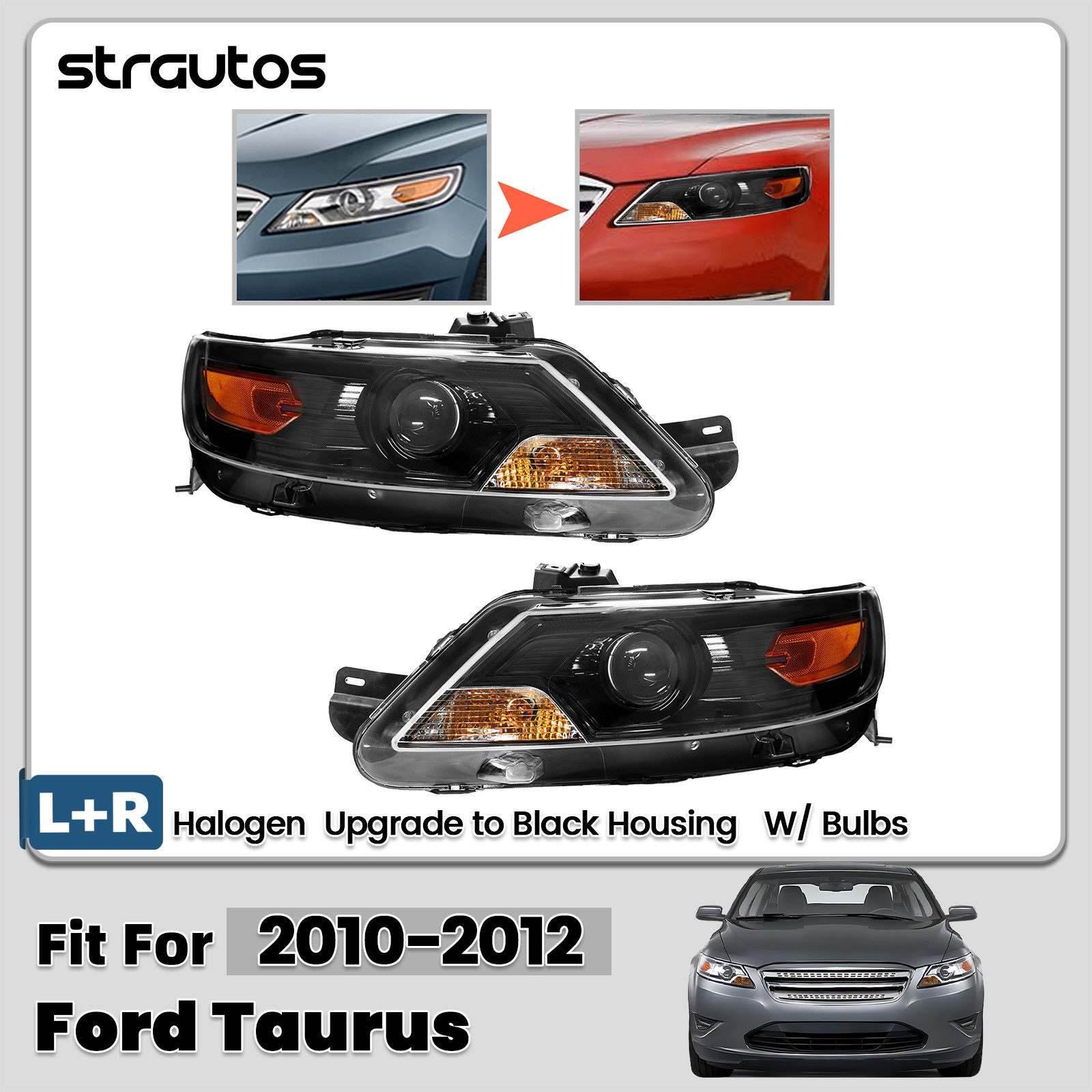 Upgrade to Black Housing 2010-2012 Ford Taurus Halogen Headlights w/ Bulb Pair