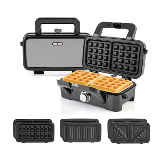 3-in-1 1082W Sandwich Maker with Removable Non-Stick Plates-Black - Color: Black