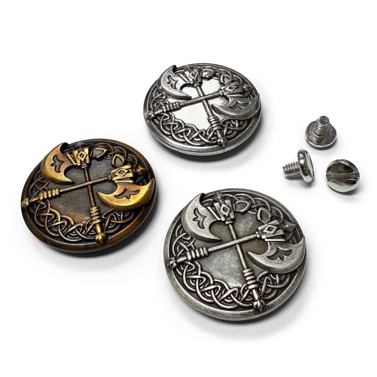 Set of 6 conchos Western Tack Craft Celtic Warrior Double Axes Concho Screw back