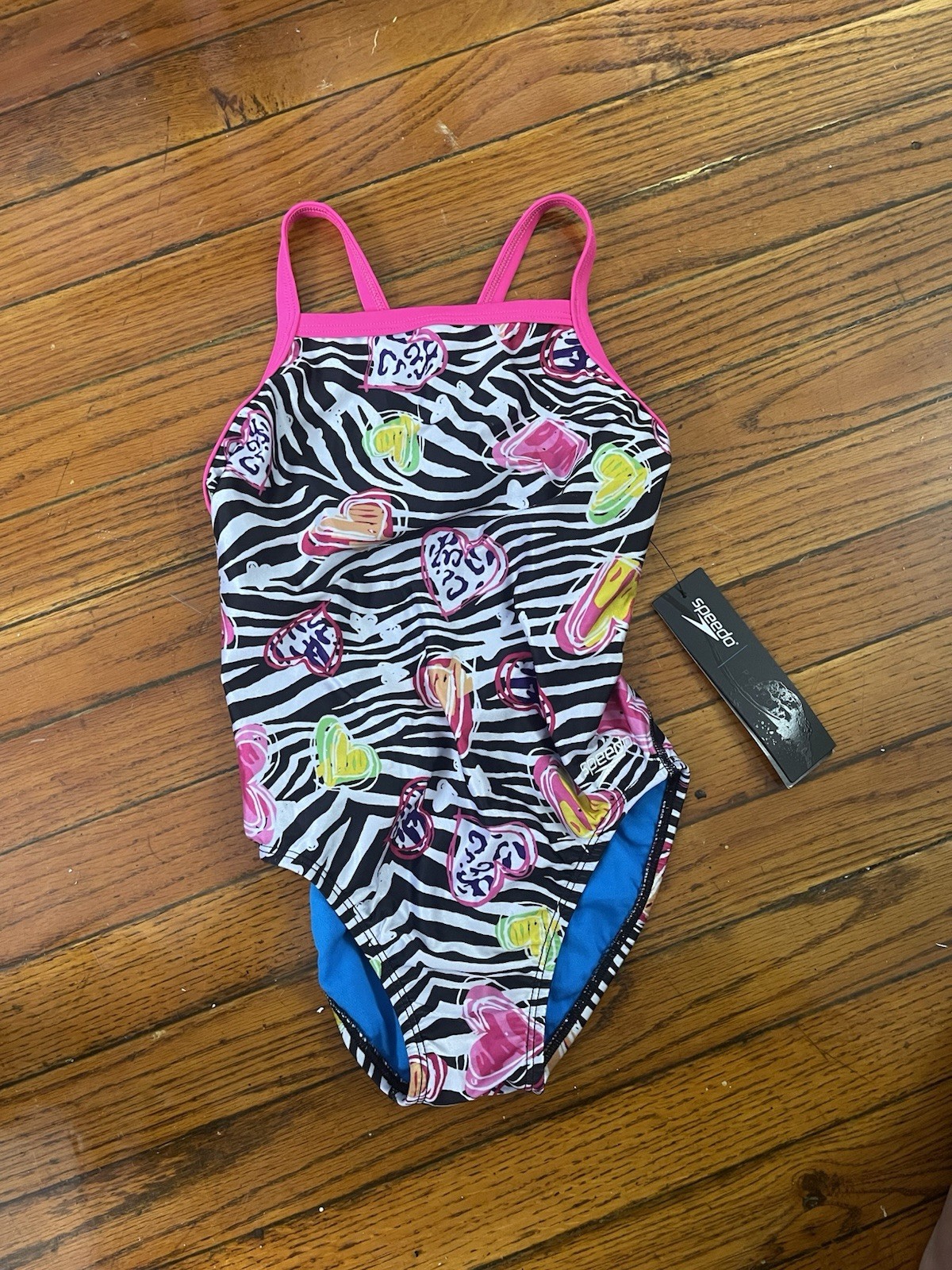 Speedo Girls Youth One Piece Swim Suit Sz 26 Black White Striped Heart Swimsuit