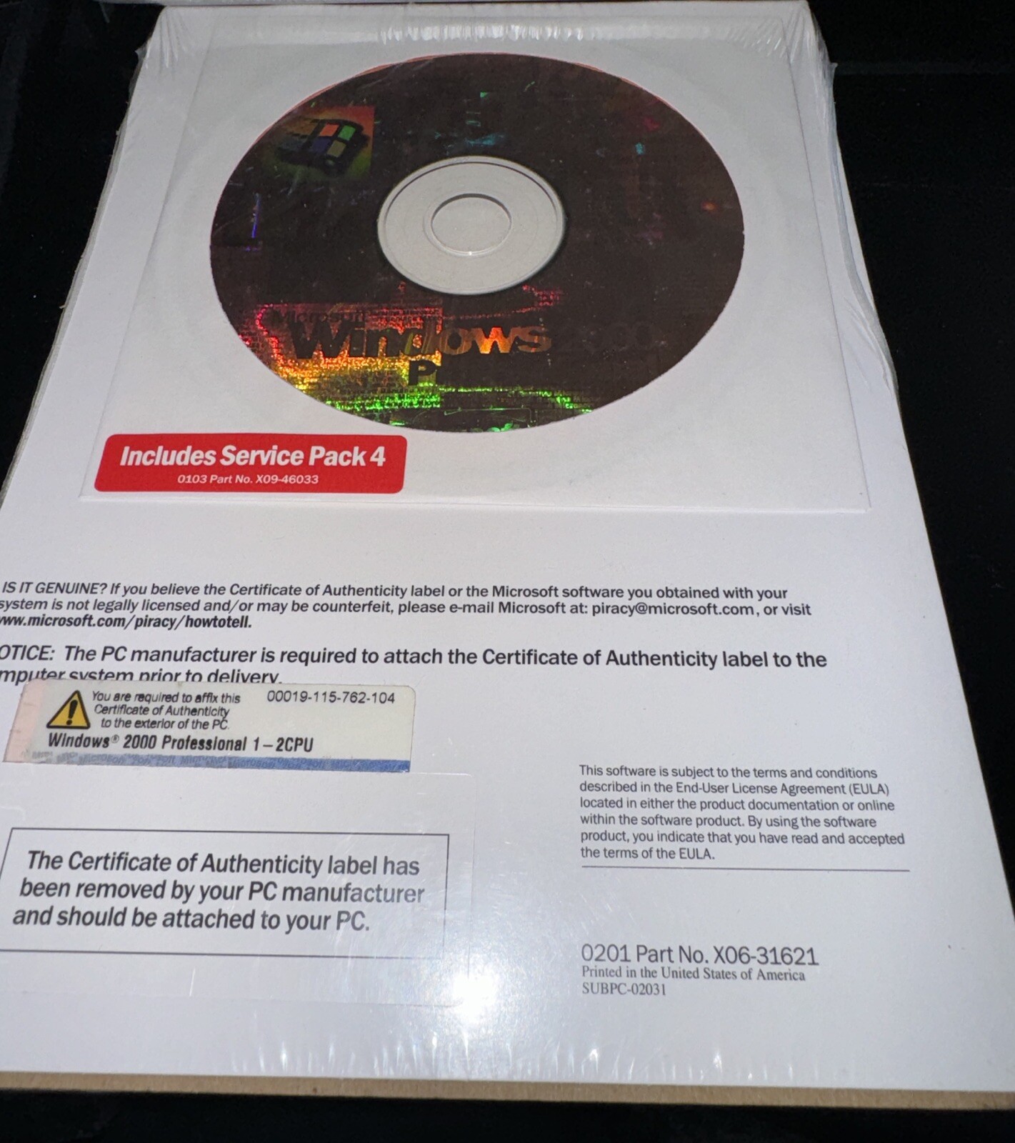 MICROSOFT WINDOWS 2000 PROFESSIONAL OPERATING SYSTEM MS WIN PRO NO PRODUCT KEY