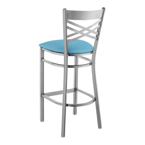 10 PACK Cross Back Clear Coat Metal Restaurant Barstool With Blue Vinyl Seat
