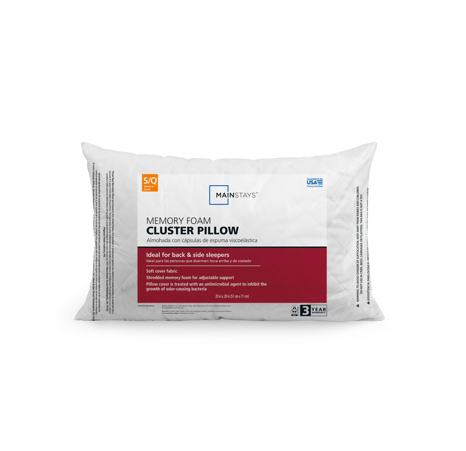 Mainstays™ Memory Foam Cluster Bed Pillow, Standard Queen.
