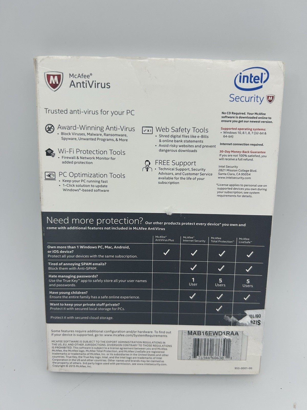 McAfee AntiVirus Protects 1 PC Intel Security 2015 1 Year - SEALED!