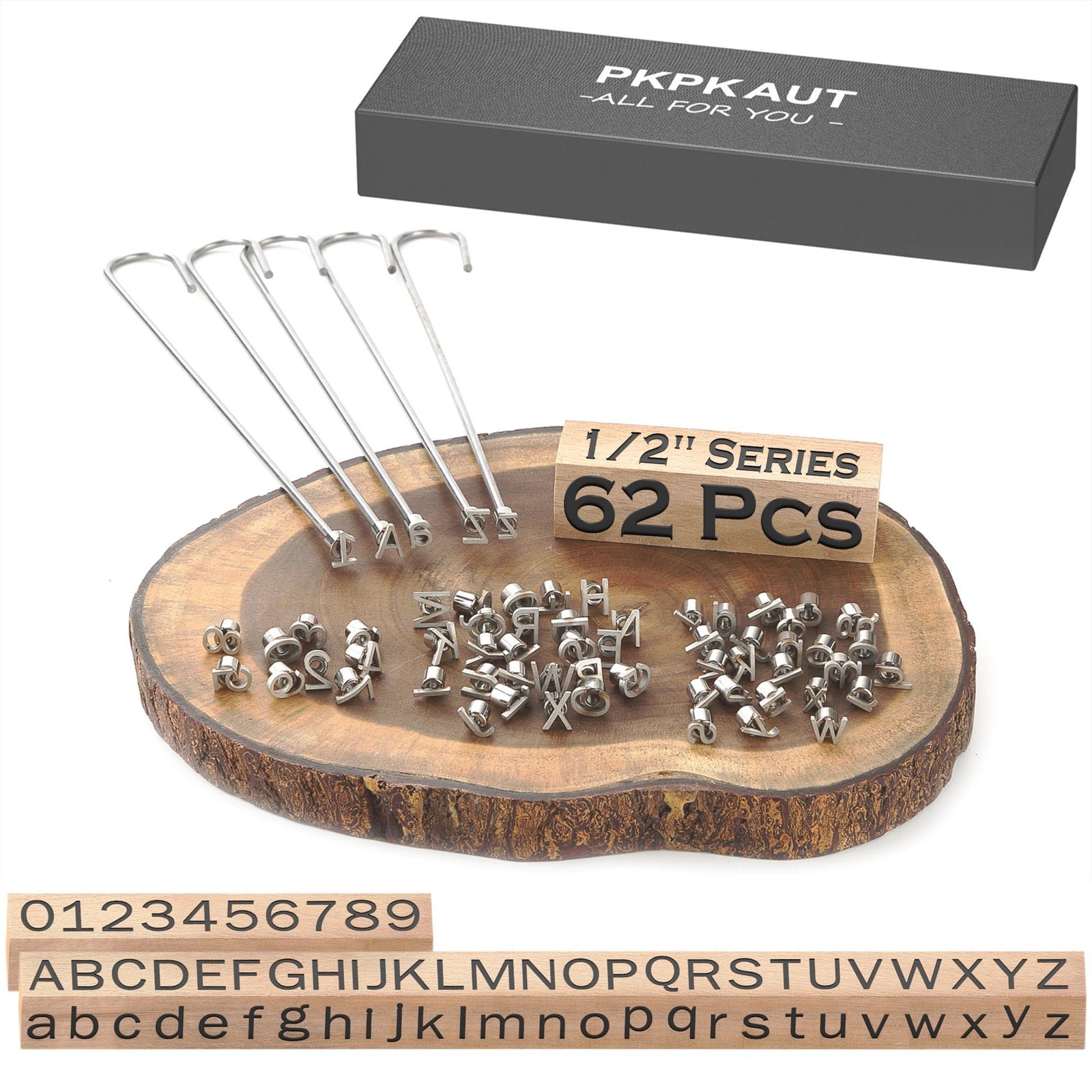 PKPKAUT 62Pcs 1/2" Number/Uppercase&Lowercase Letters Custom Wood Branding Ir...