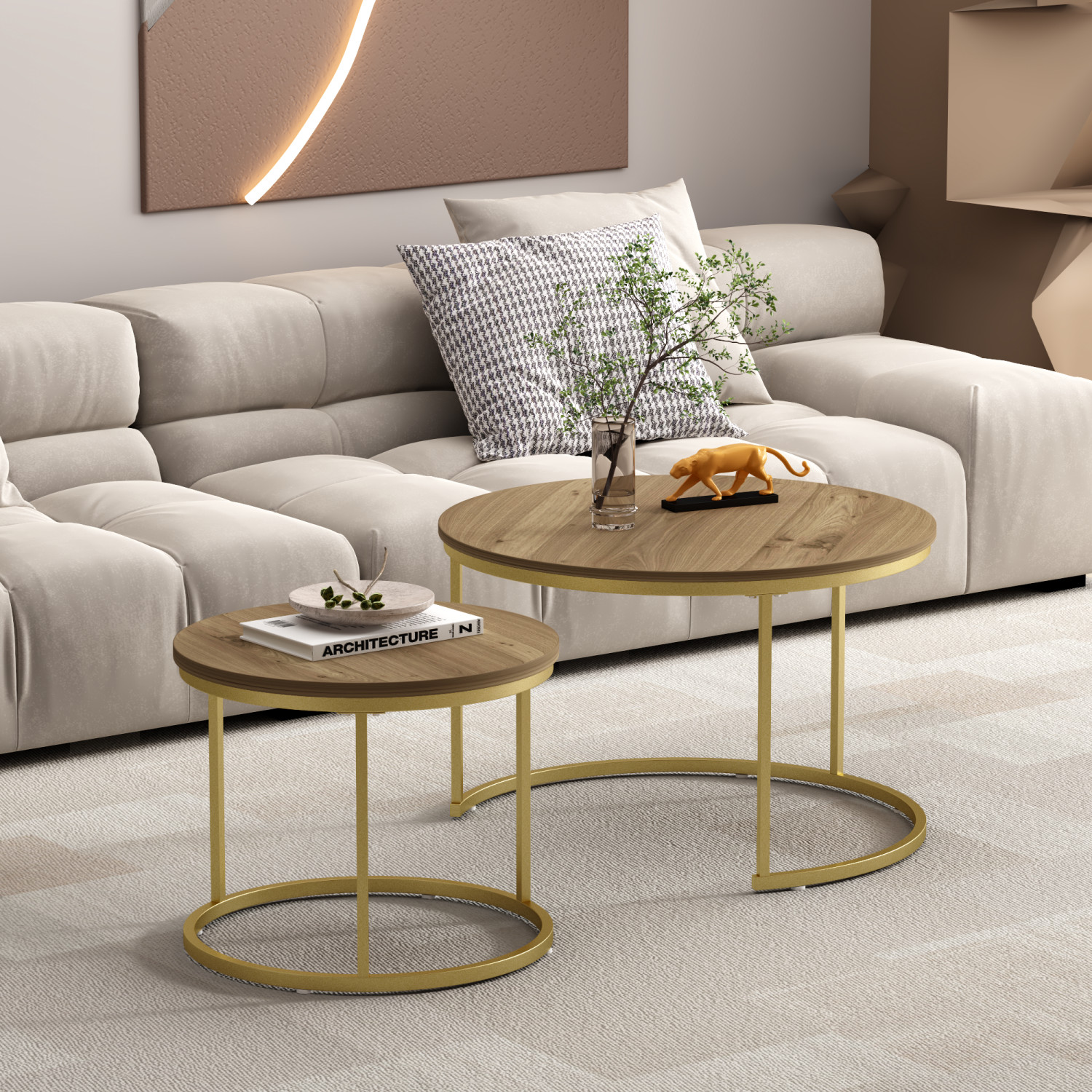 Nesting Coffee Table Set of 2 Round End Tables w/ Wood Top & Sturdy Metal Frame