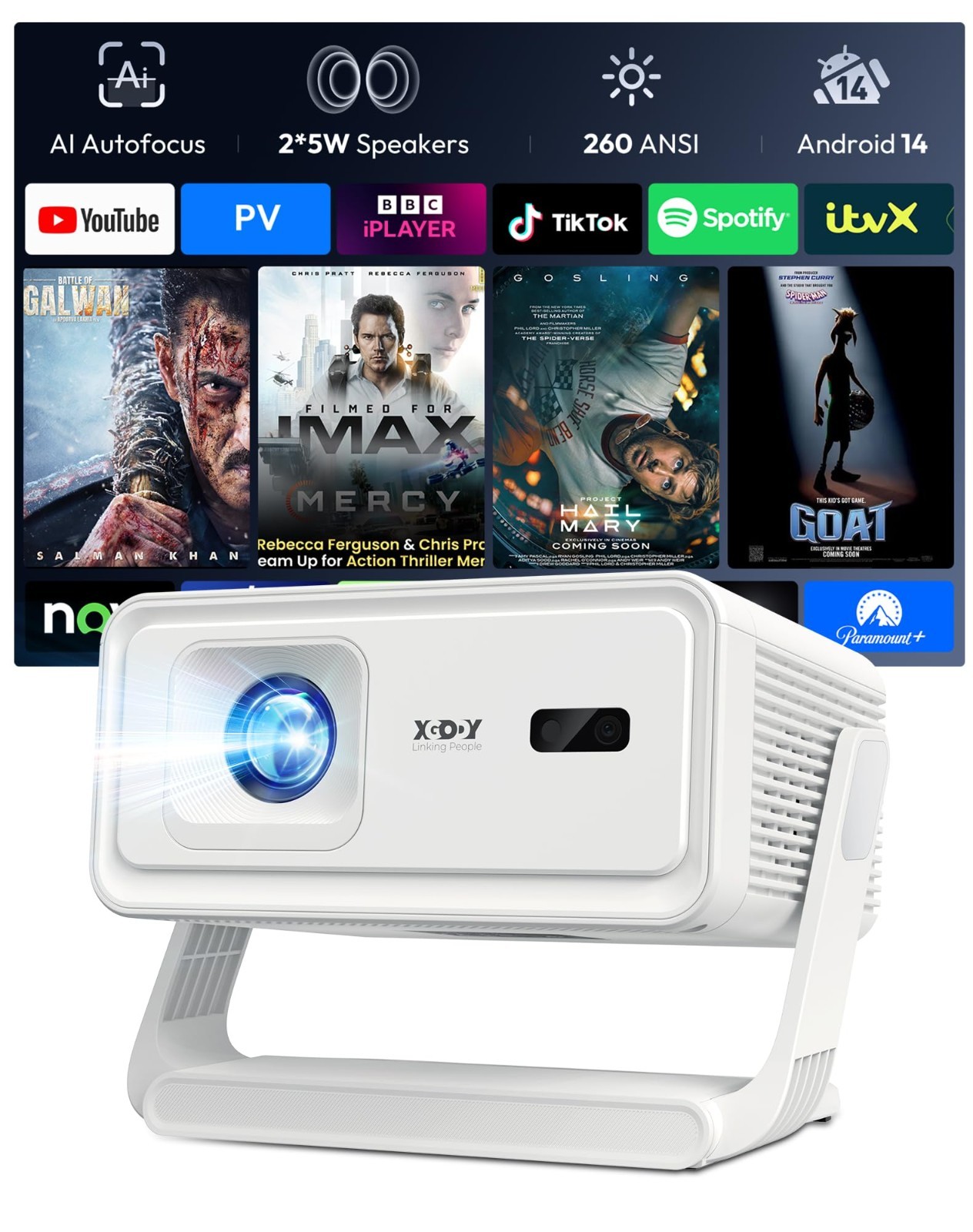 Smart Projector Supports 4K 1080P Portable Projector with WiFi 6 and Bluetooth5.