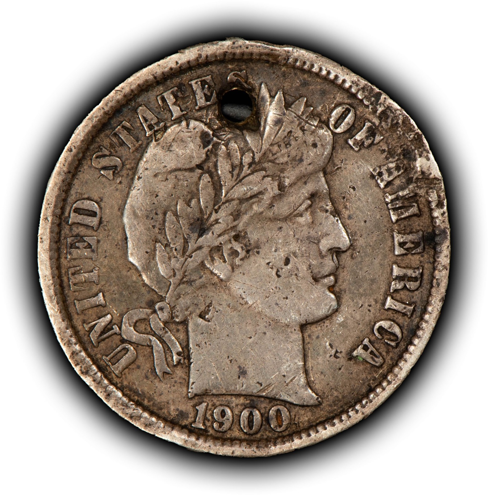 Love Token Initial Script on 1900 Silver Barber Dime Host Coin - SKU-Z6552