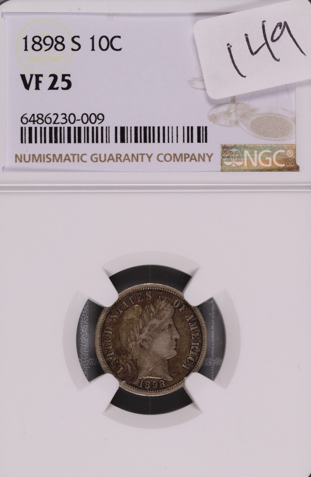 1898-S Barber Silver Dime NGC VF-25 #0-009