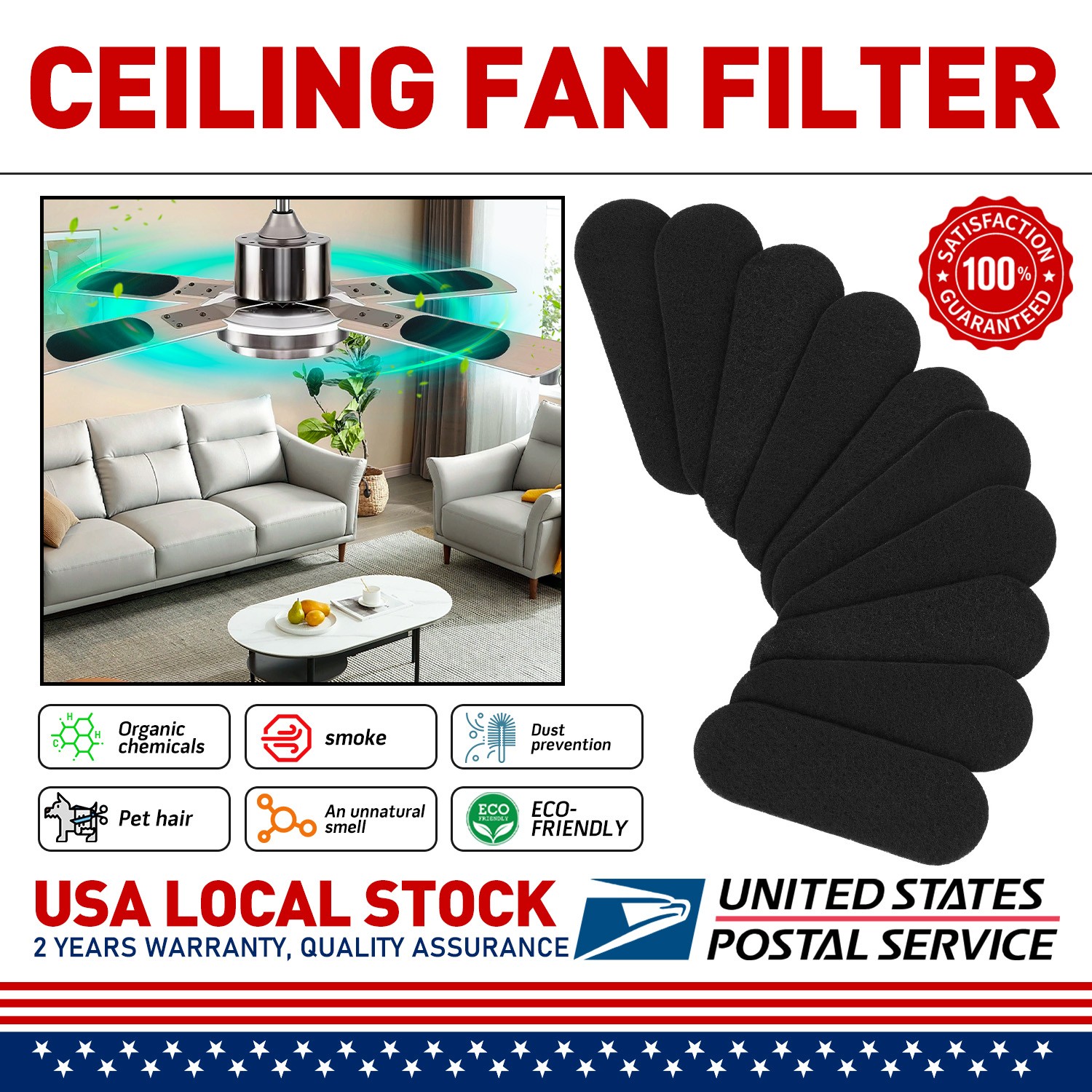 10 Pcs Ceiling Fan Filters for Blades- Activated Carbon Ceiling Fan Air Purifier