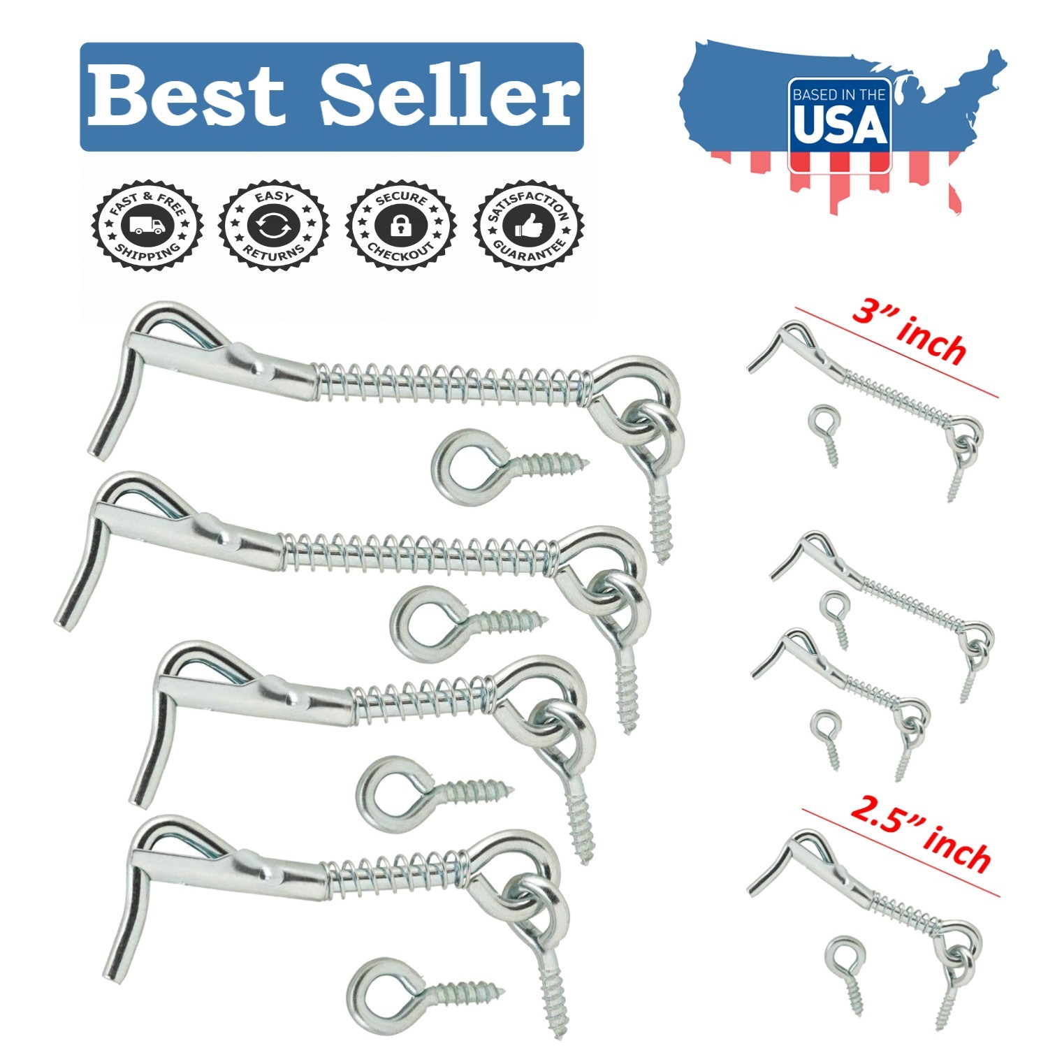 Pack of 4 Zinc Plated Wire Gate Hook & Eye Latch with Spring Lock - Easy Install