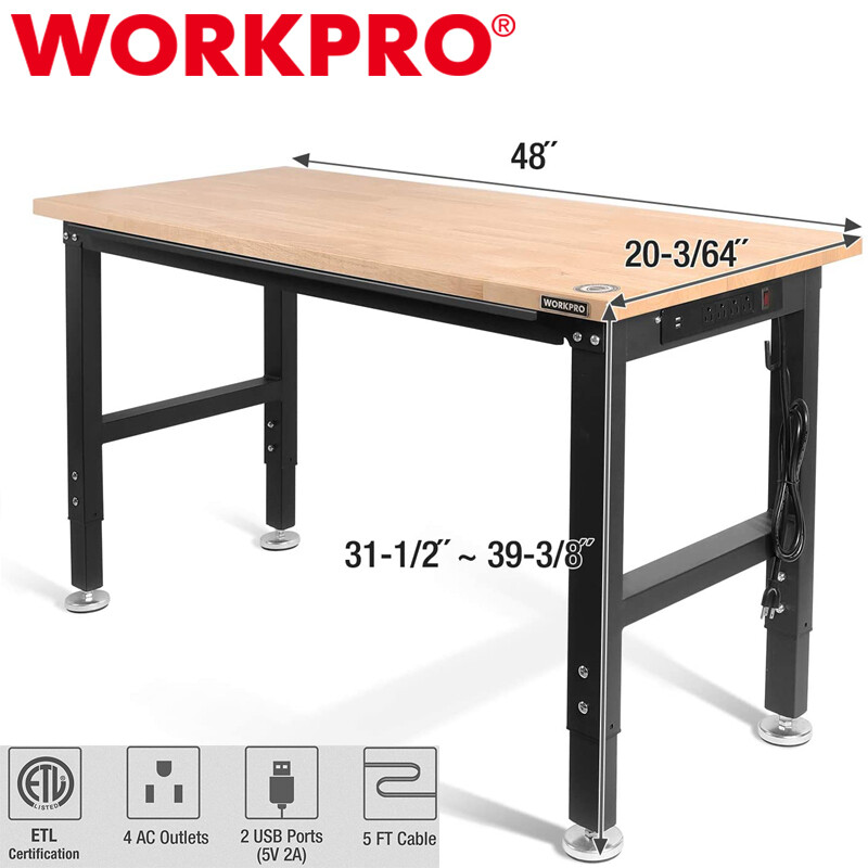 WORKPRO 48" Heavy-Duty Adjustable Workbench Rubber Wood Workstation Worktable US