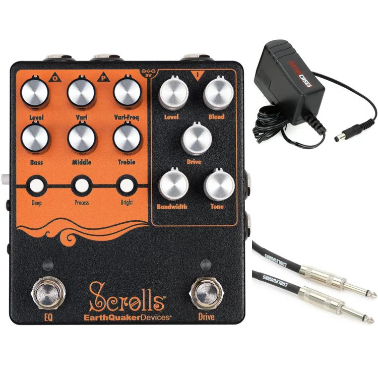 EarthQuaker Devices Scrolls Bass Preamp Pedal with Power Supply and Cable
