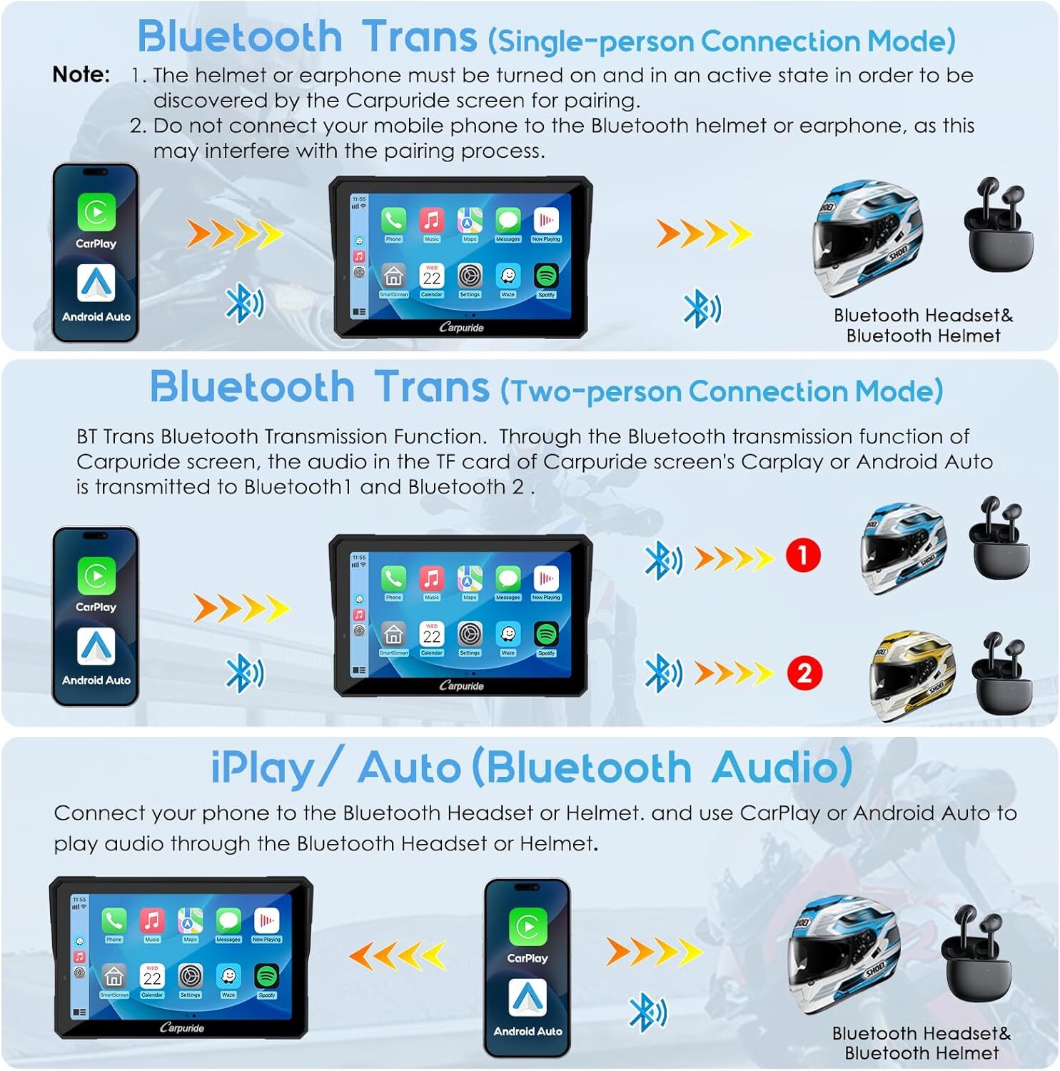 CARPURIDE W702Pro Carplay Wireless Android Auto Dual Bluetooth Intercom Compass