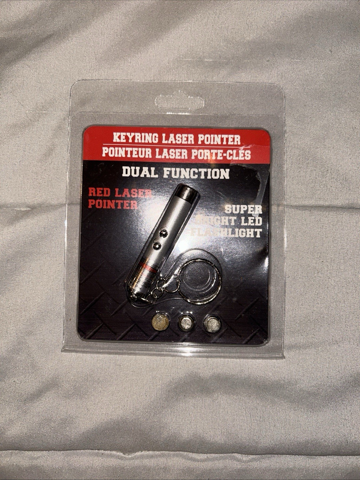 Dual Function Red Laser Pointer/Bright LED Flashlight Keyring No Extra Batteries