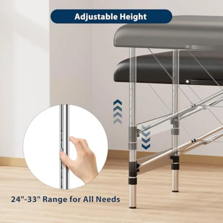 Massage Table Portable 2-Fold Lash Bed with Side Pocket Adjustable Height Sturdy