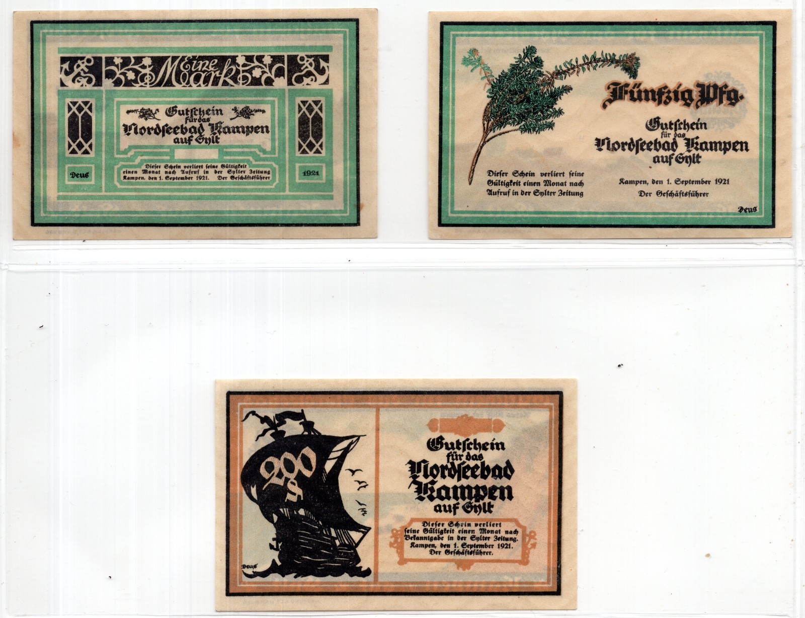 1921 Germany Nordseebad Rampen Notgeld 3 Note Set (2142)