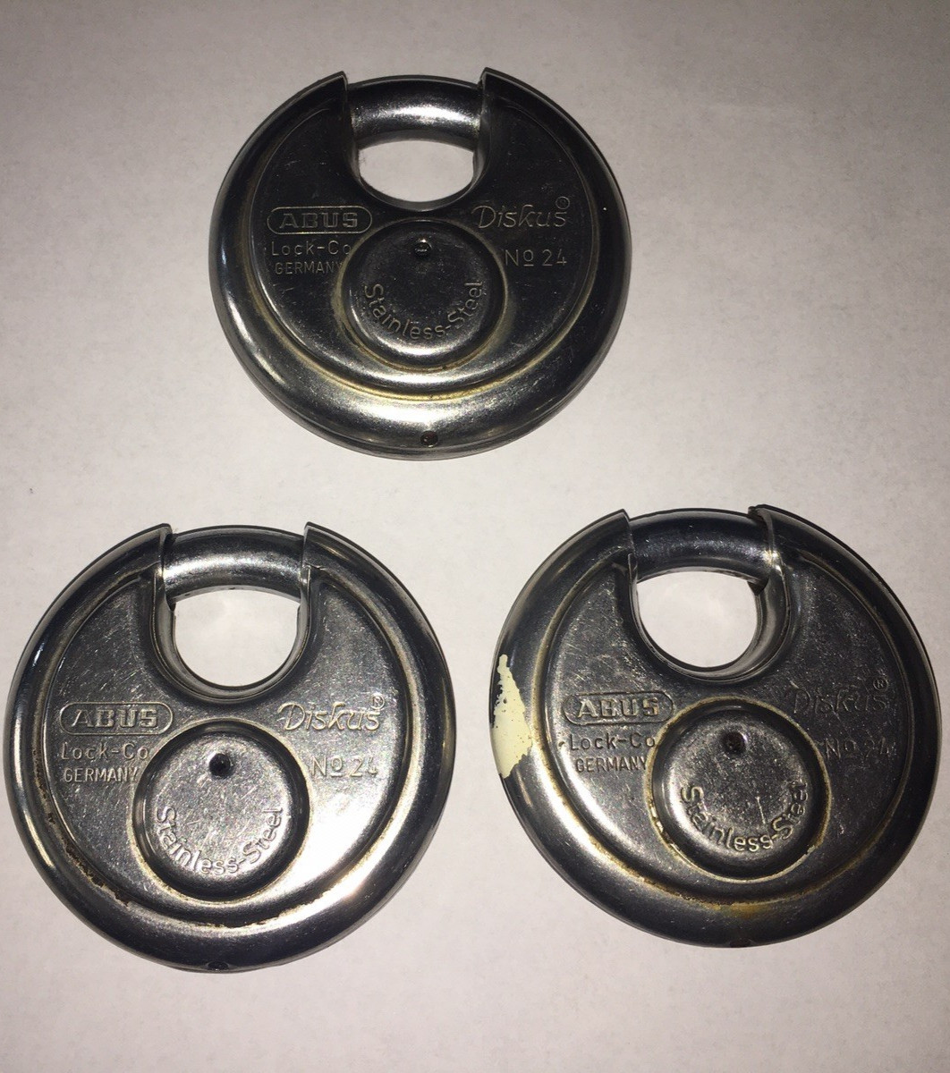 3 Abus Diskus No. 24 keyed padlocks & keys