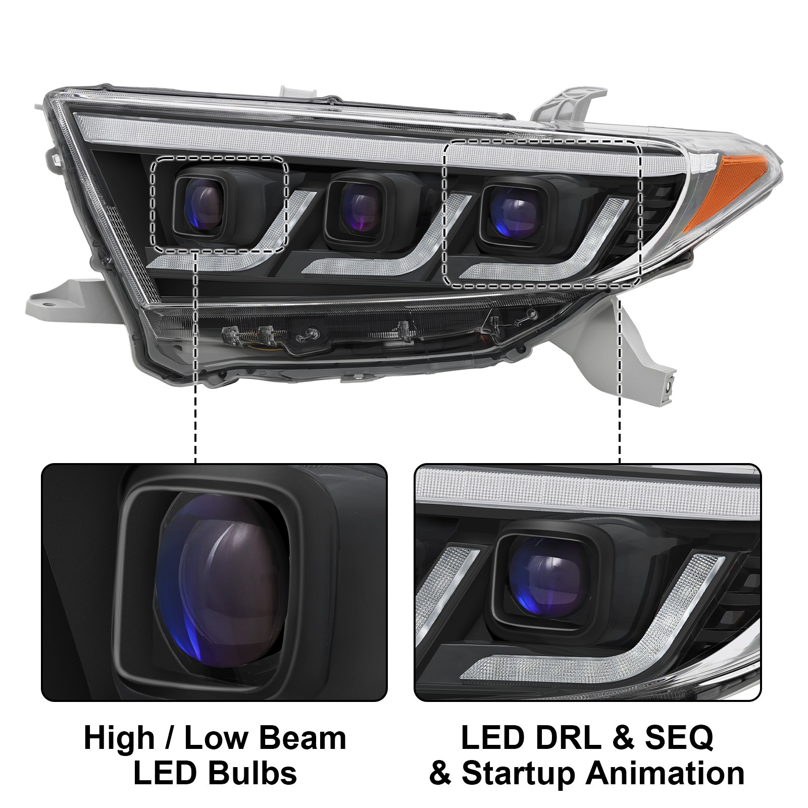 Triple LED Projector Headlights w/Sequential For 2011 2012 13 Toyota Highlander