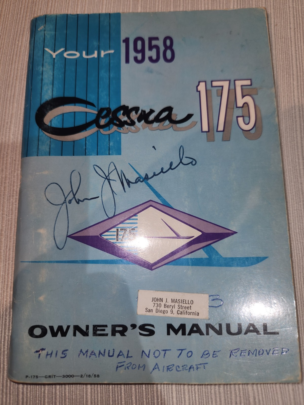 1958 Cessna 175 Owner's Manual Book Aeronautical Vintage Pilot's Plane Lovers