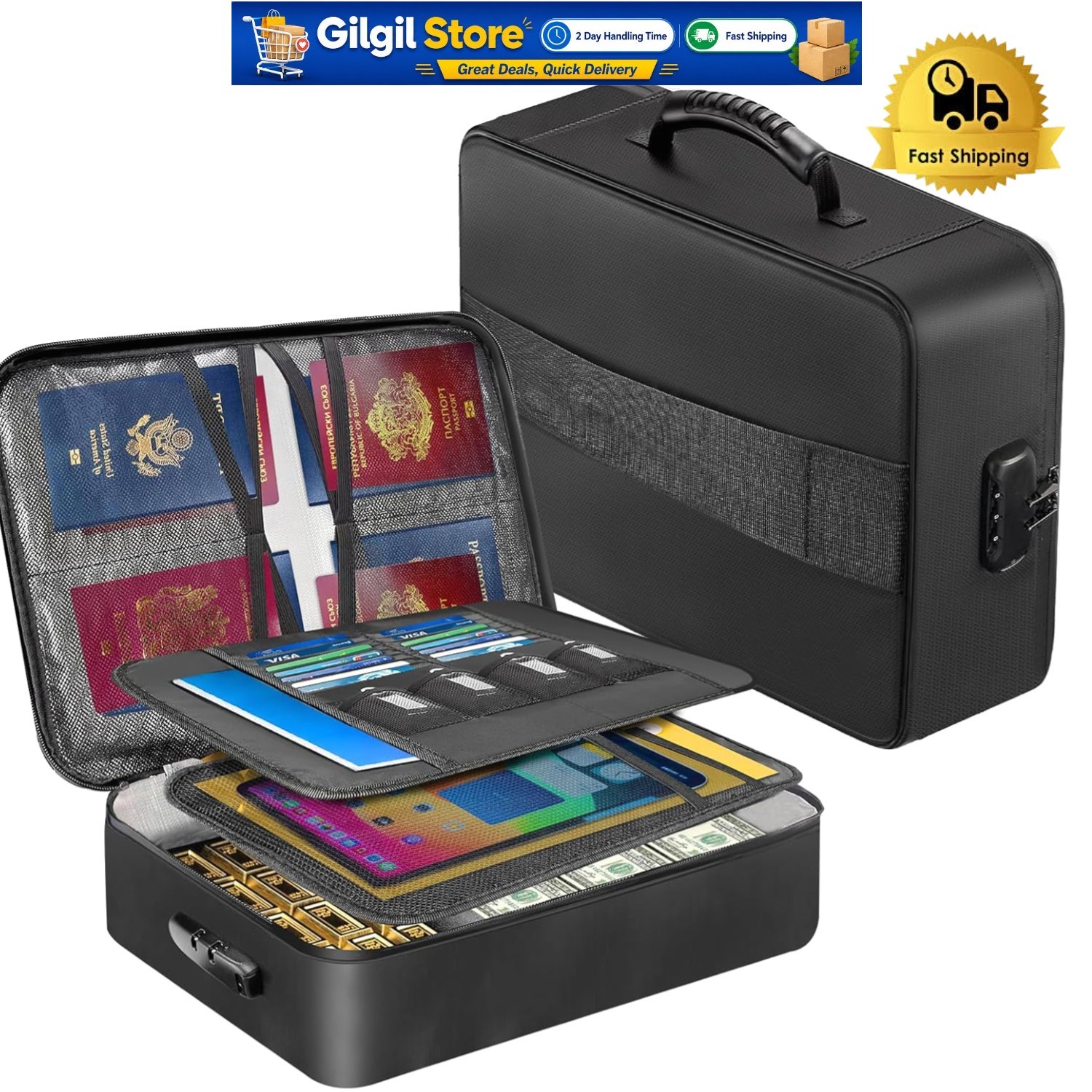 Durable Fireproof Document Box with 8 Pockets and Lock - Ideal for Home & Travel