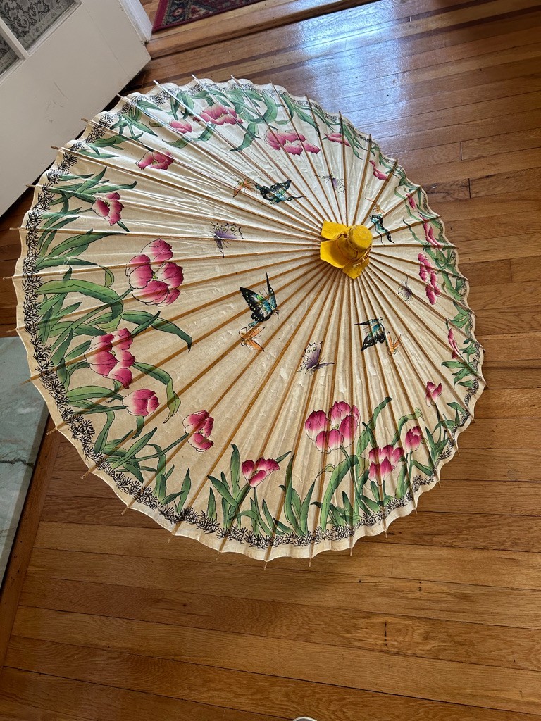 ASIAN BAMBOO HANDPAINTED RED FLOWERS BUTTERFLIES RICE PAPER DECORATIVE UMBRELLA