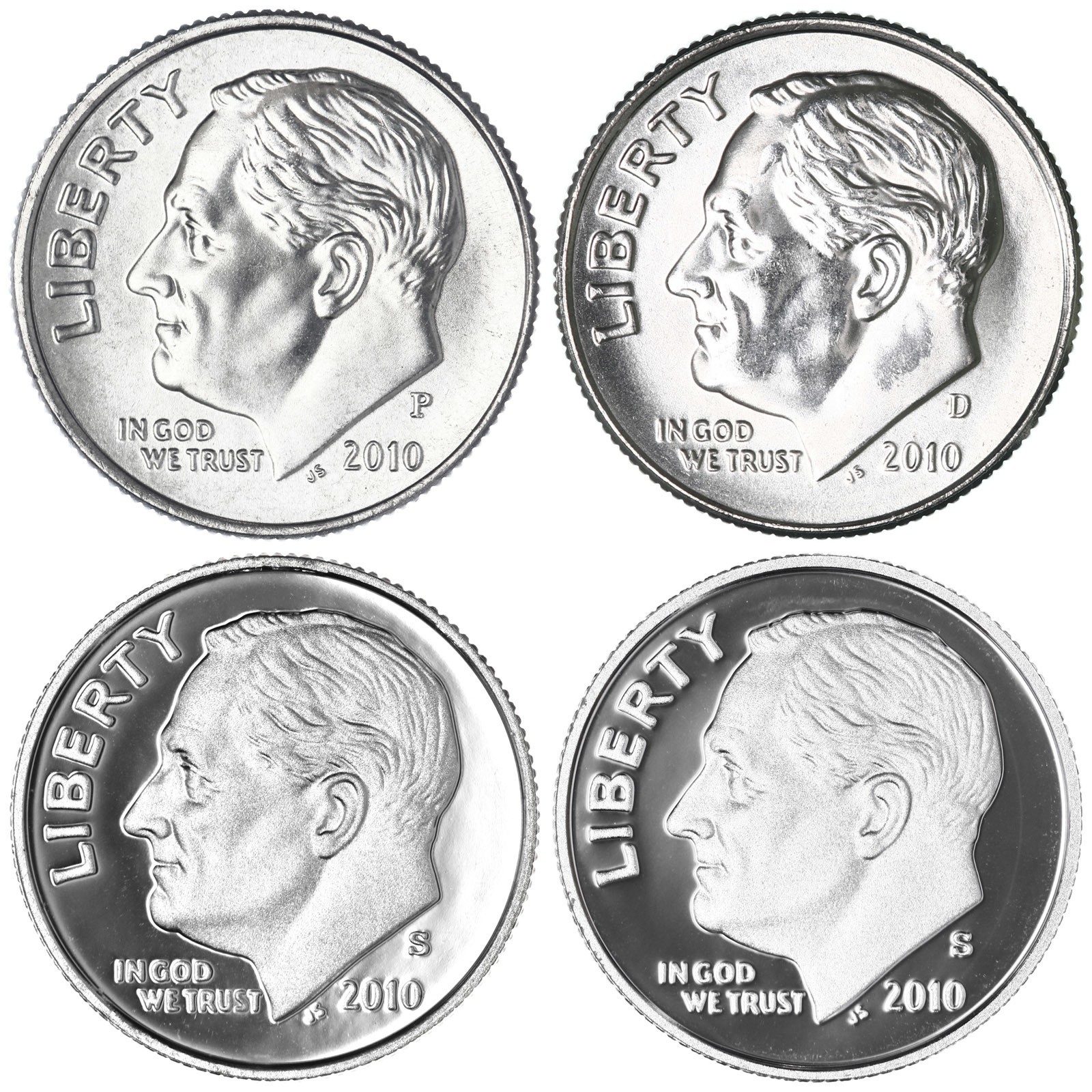 2010 P D S S Roosevelt Dime Year Set Silver & Clad Proof & BU US 4 Coin Lot