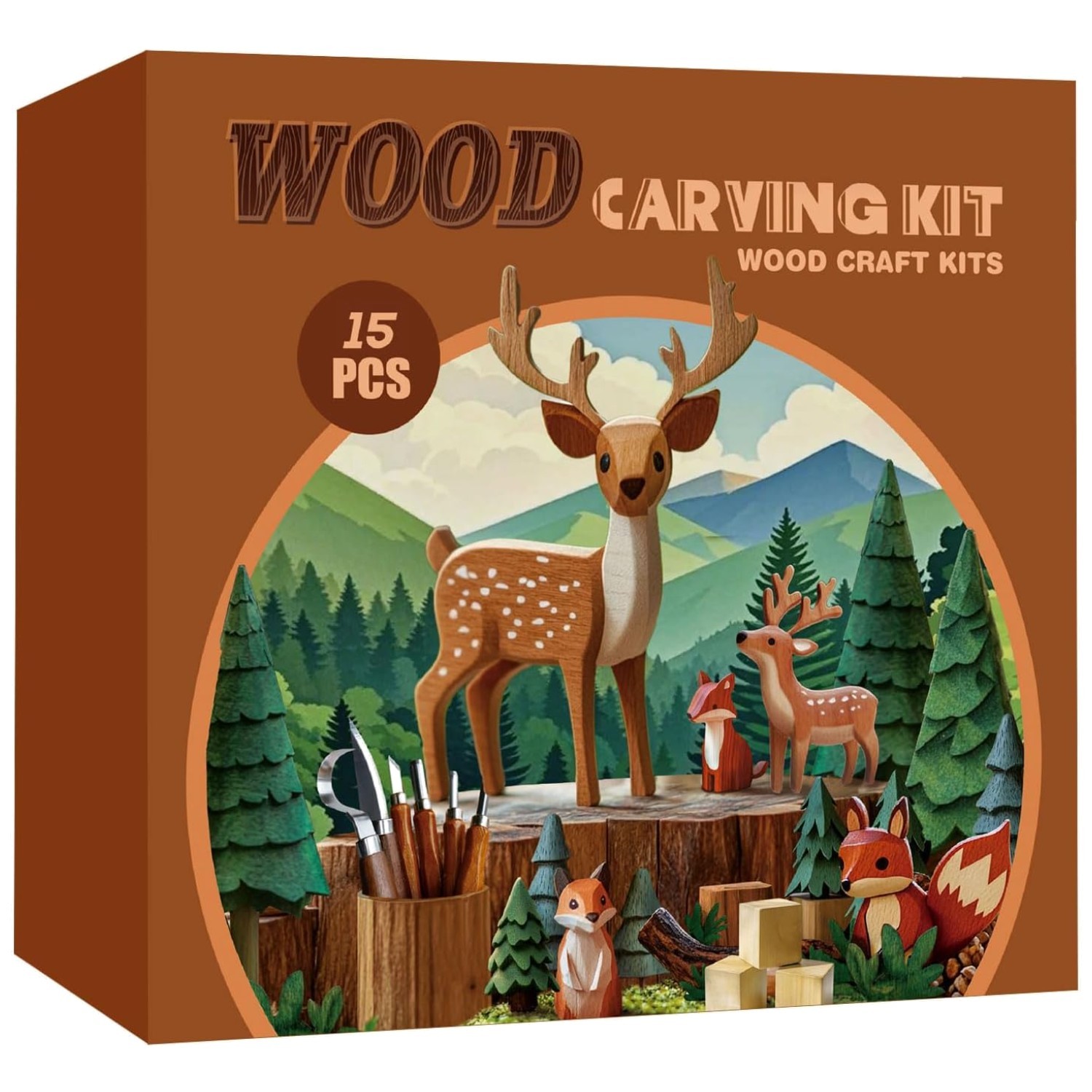 15PCS Wood Carving Kit for Beginners – Whittling Set with 4 Knives & Basswood...