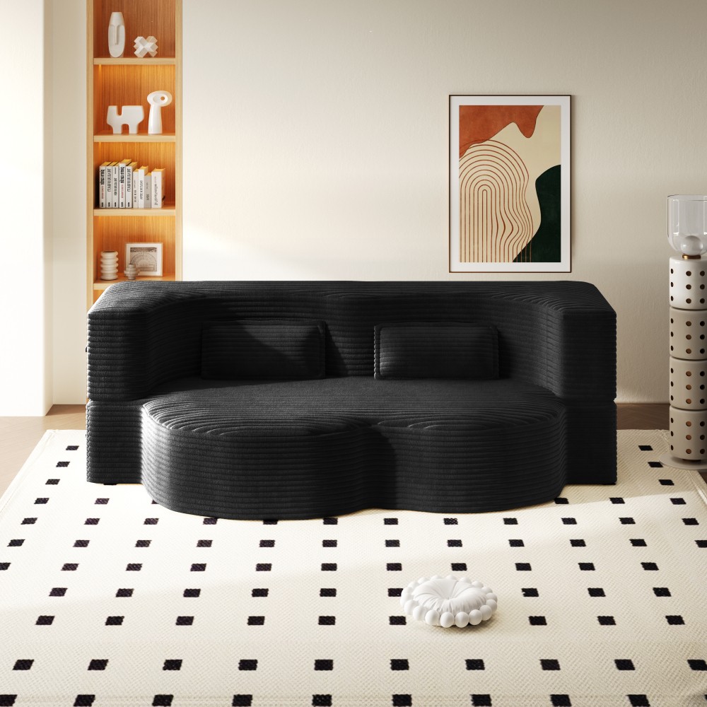 Corduroy Twin Floor Sofa Bed w/ 2 Pillows, Foldable Sleeper Couch, Black