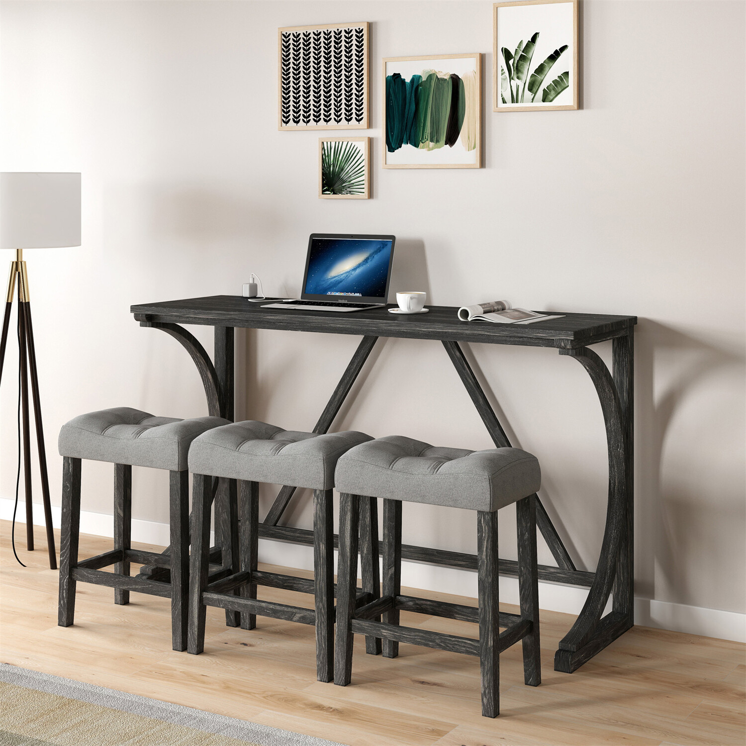 4 Piece Bar Table Set Counter Height Kitchen Dining Table with 3 Bar Stools