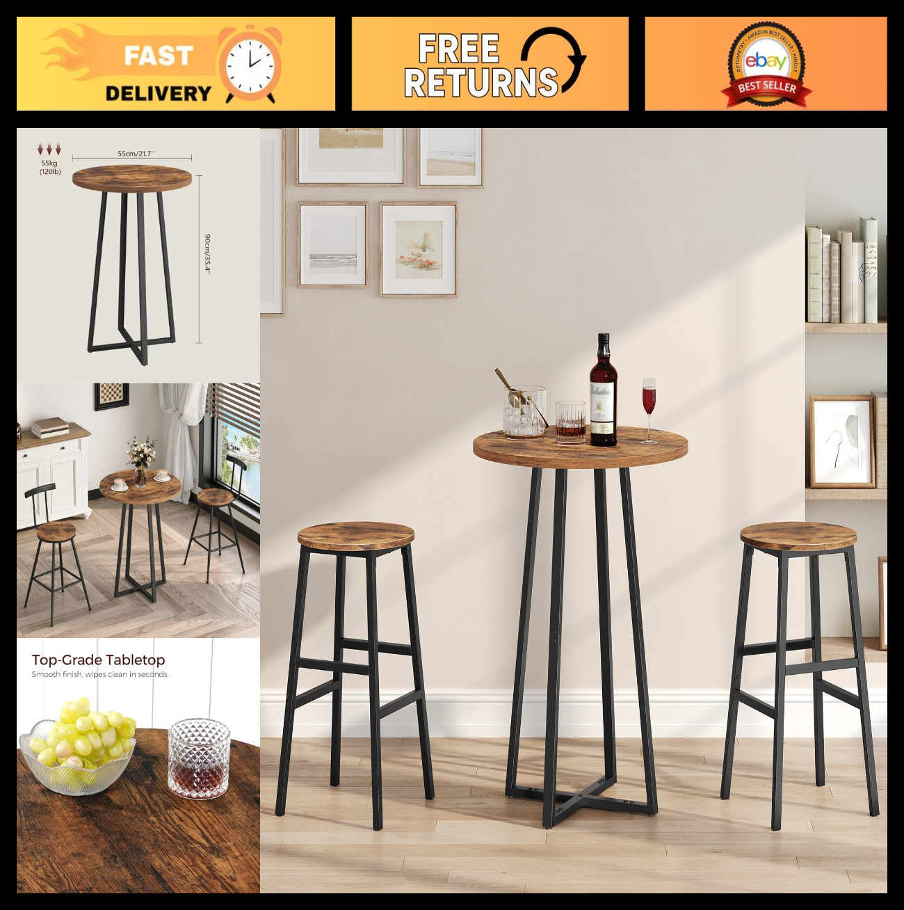 35.4" Tall Pub Cocktail Bar Table - Rustic Brown & Black, Easy Assembly for Kitc