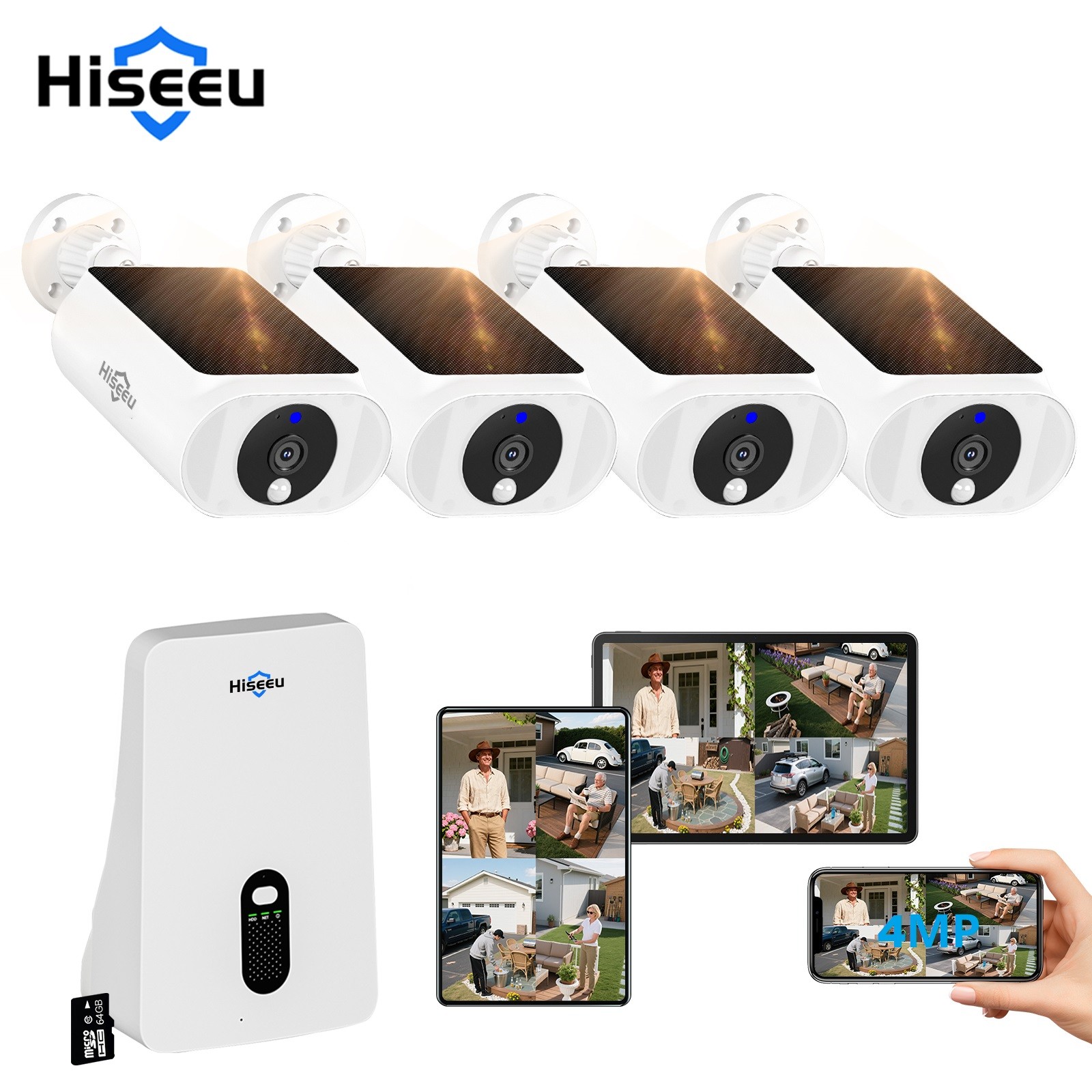 HISEEU 4PCS 4MP 10CH Solar Battery Powered Wireless WiFi Security Camera System