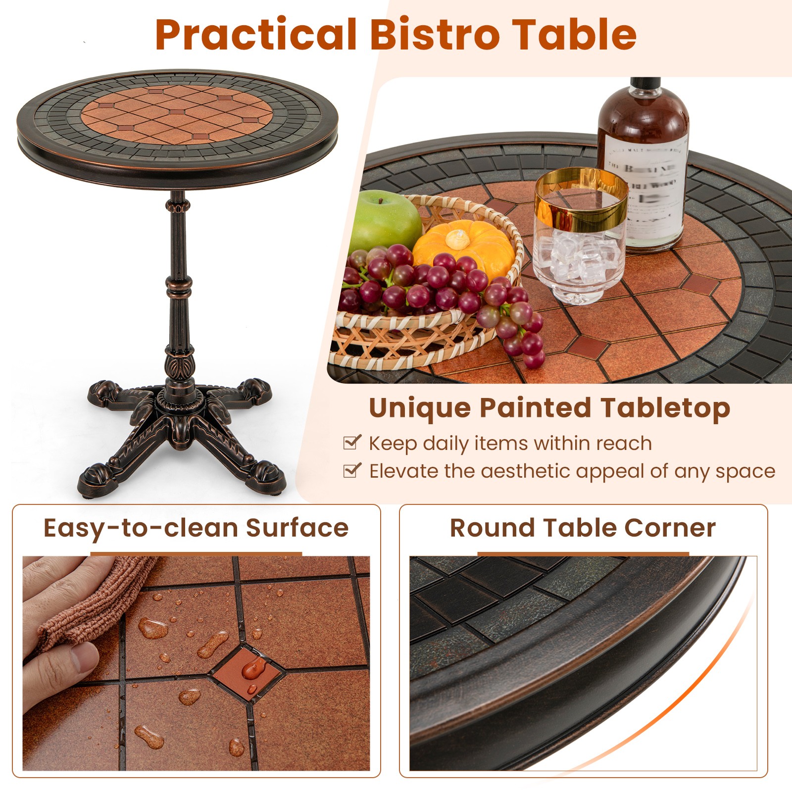 32" Patio Dining Table w/ 1.6" Umbrella Hole & Lid DPC Tabletop for Backyard