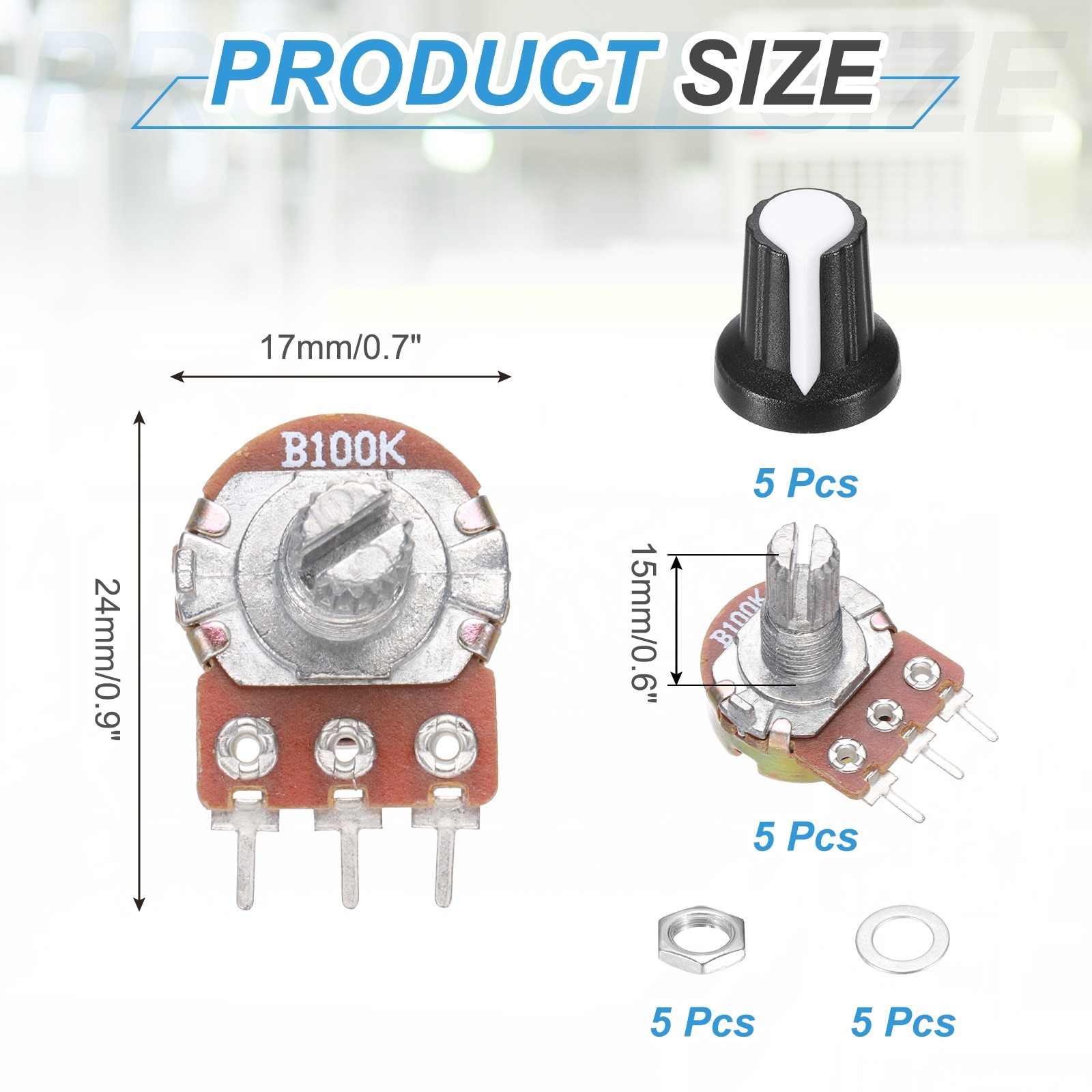 5Pcs WH-148 Potentiometer 3Pins B100K±20% Ohm Variable Resistor with 5 Knobs