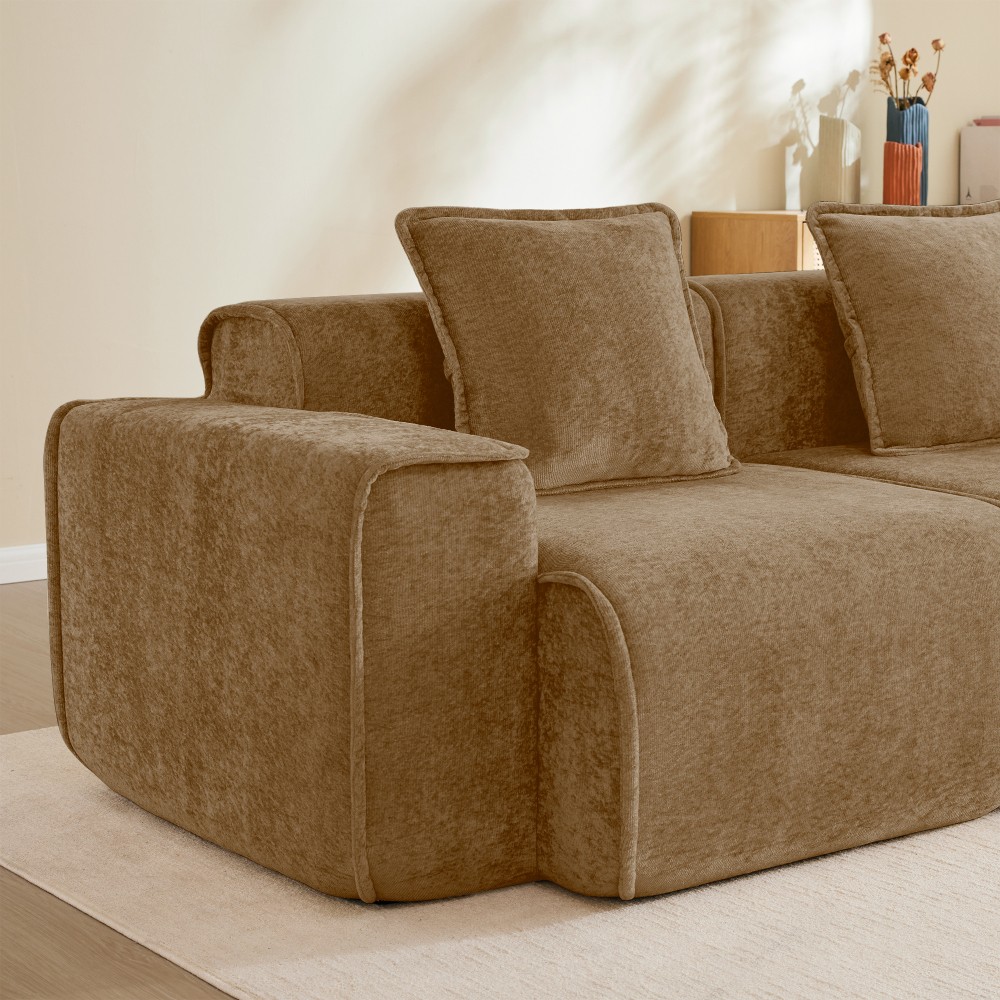 L-Shape Sectional Sofa w/ Ottoman Compressed Sofa Velvet Brown, No Assembly