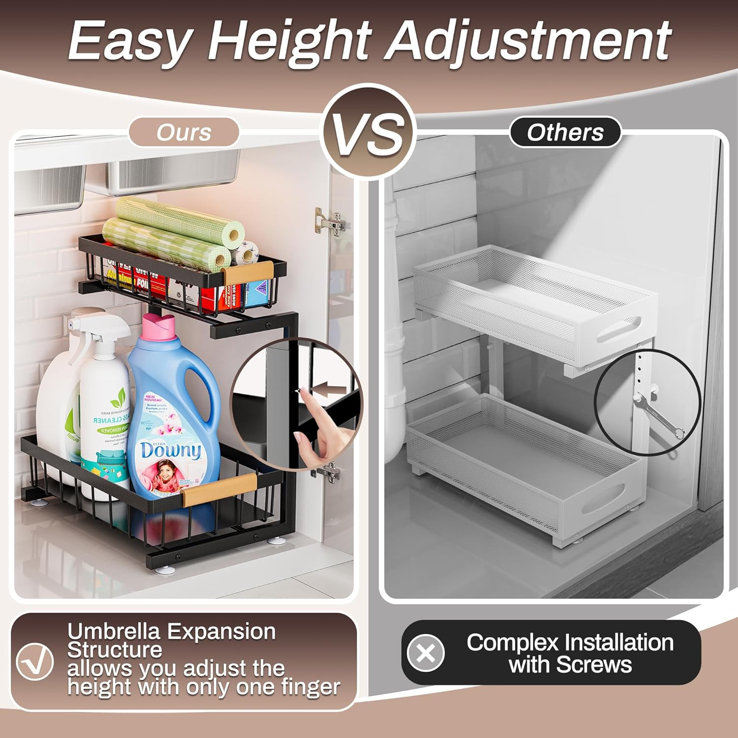 under Sink Organizer, 2 Pack 2 Tier Expandable Height (13.2" - 17.2") Pull Out K