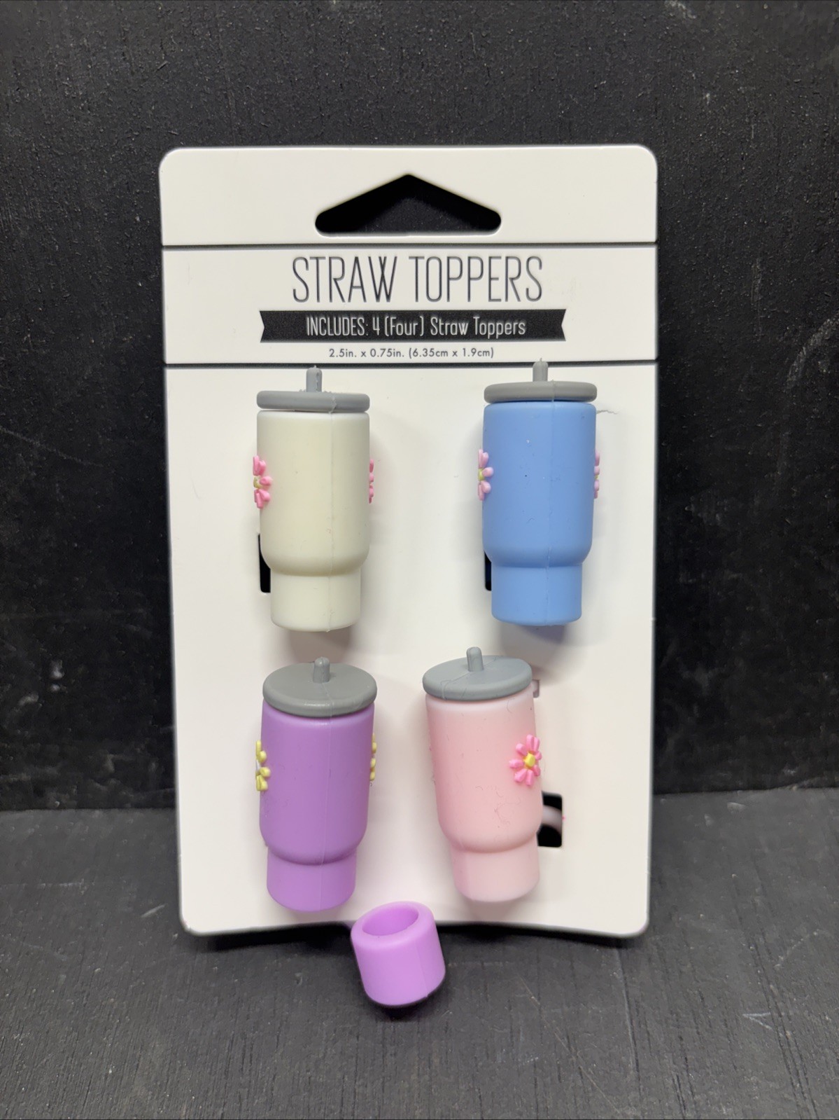 4 Silicone Straw Toppers PINK WHITE BLUE PURPLE Flowers 2.5”x0.75” (E10-12)