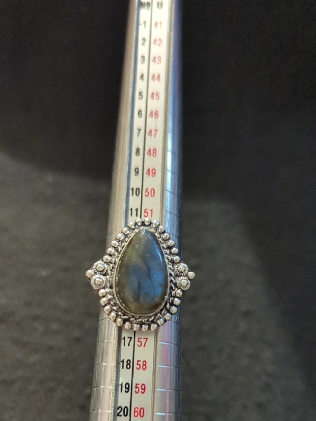 Silver Plated Grey Labradorite Gemstone Teardrop Statement Ring - size 7