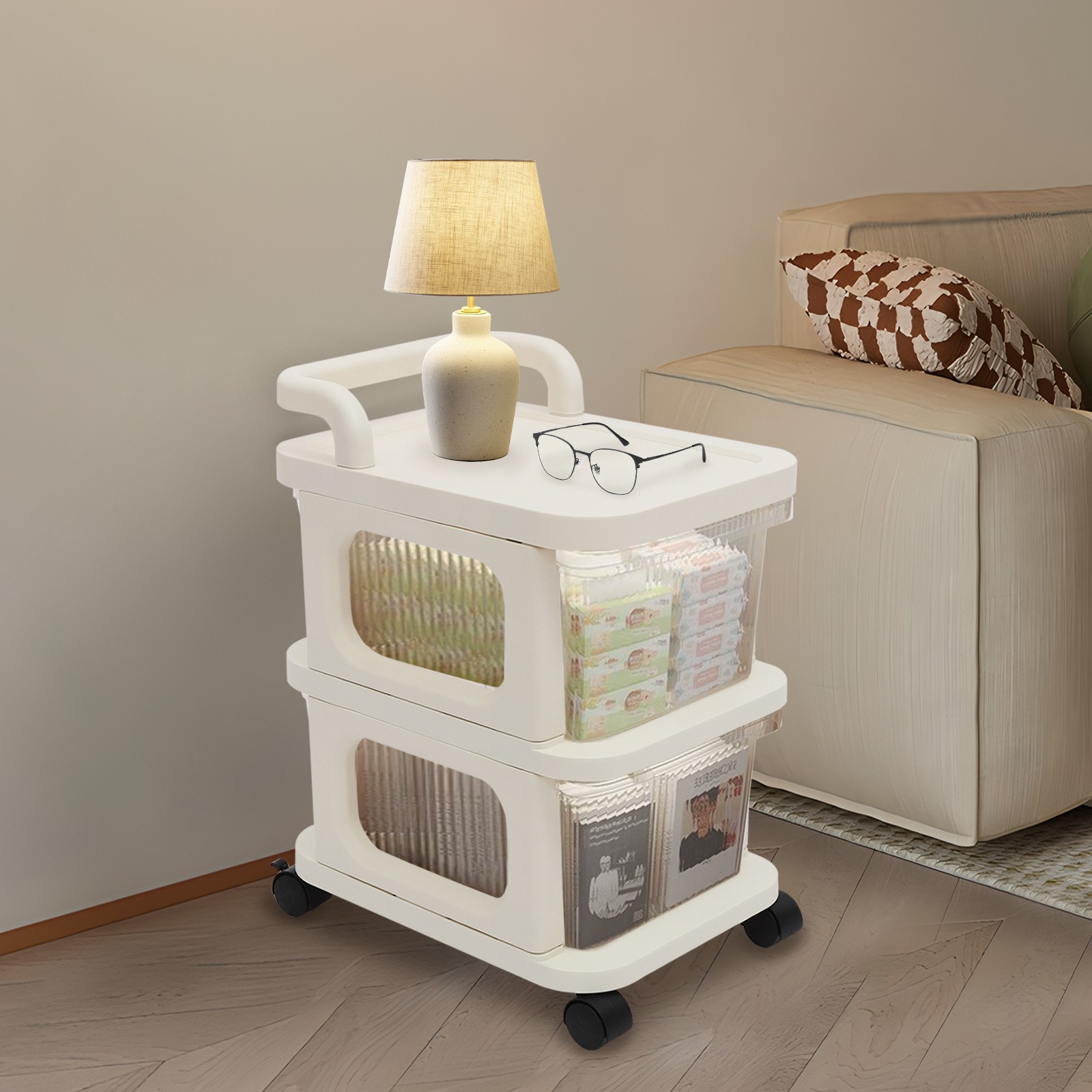2-Drawer Plastic Rolling Storage Cart with 4 Universal Wheels