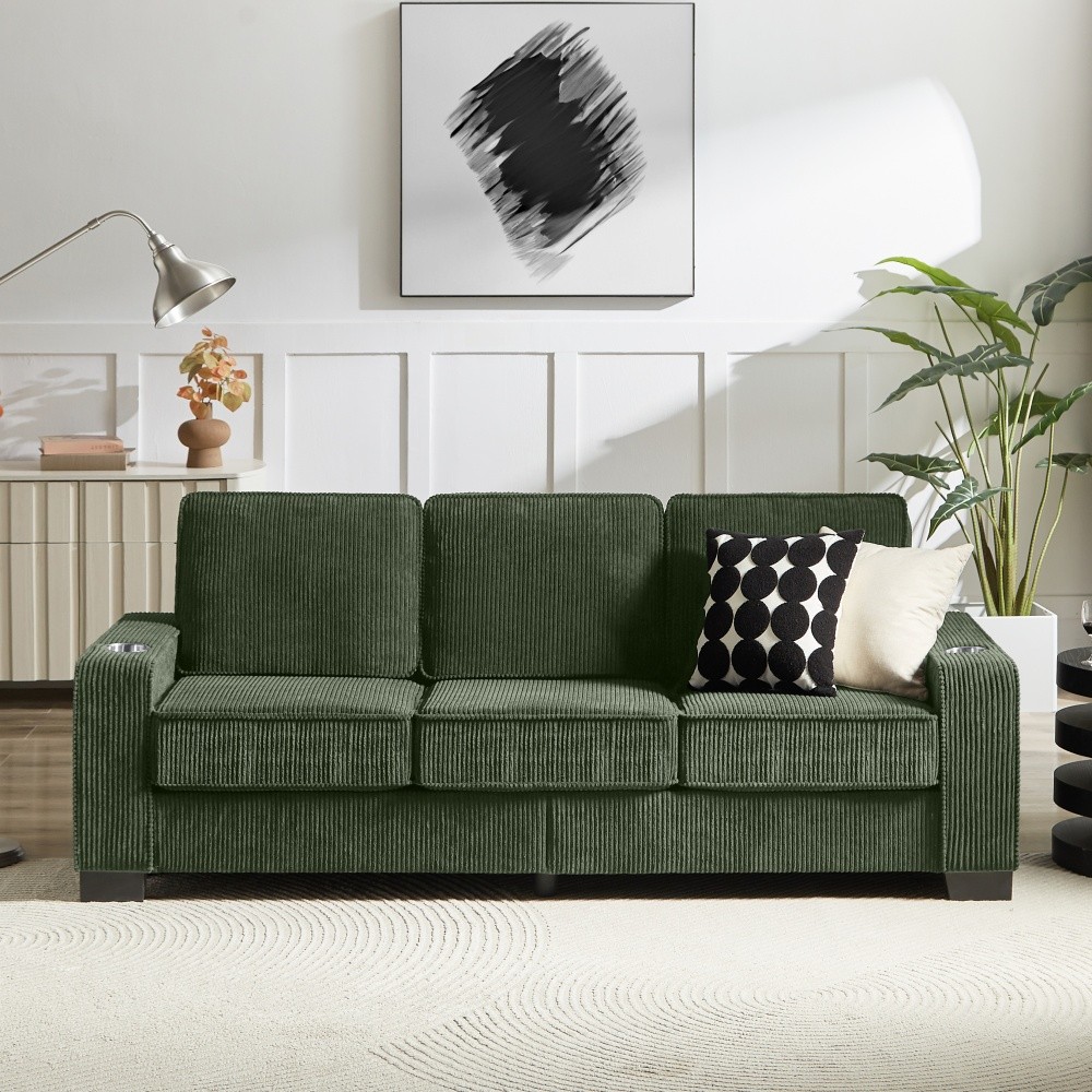 Corduroy Fabric sofa Modern Compressed Couch,3-Seater Sofa for Living Room Green
