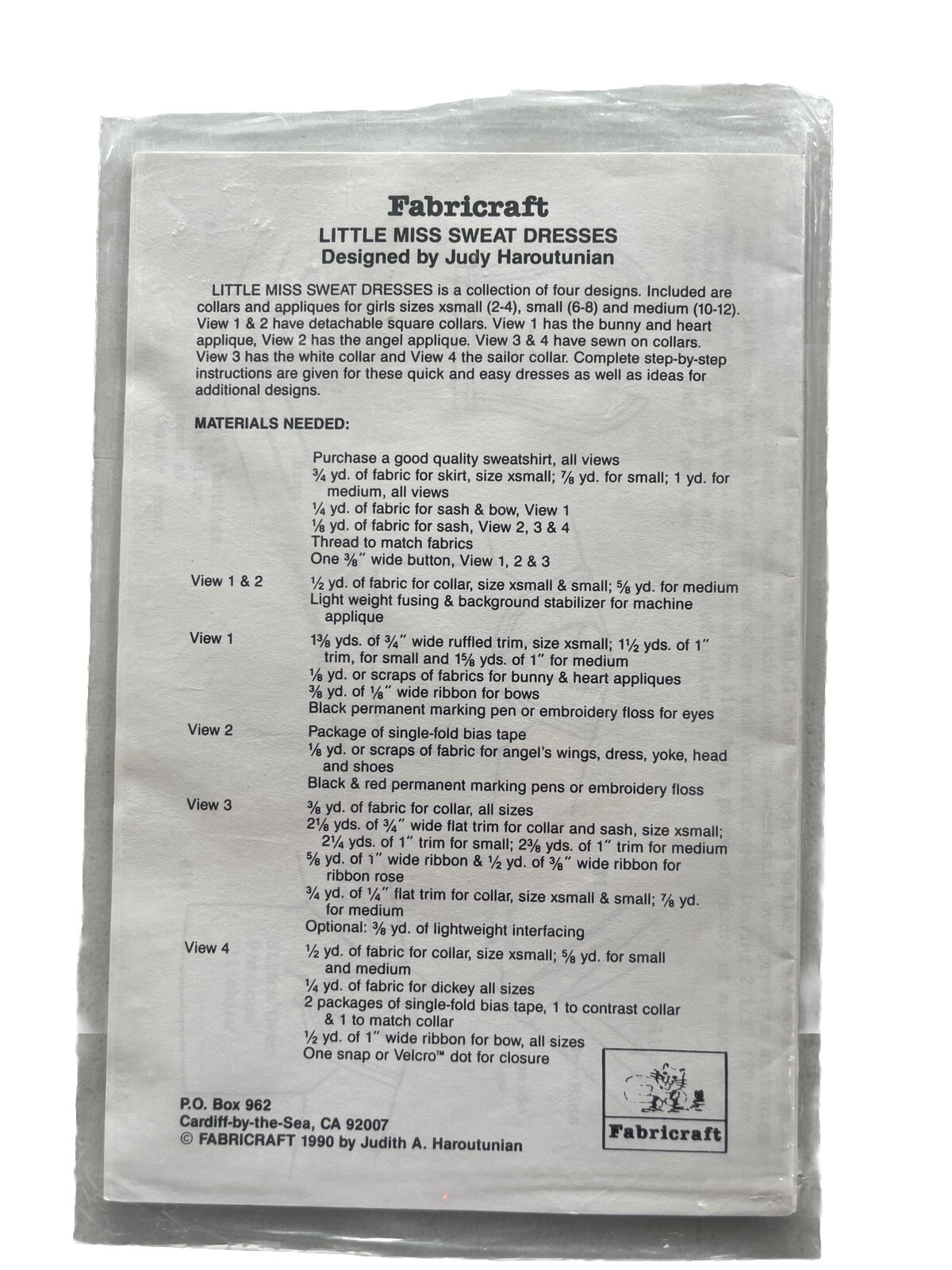 Frabricraft Craft Pattern #261 “LITTLE MISS SWEAT DRESSES” Uncut