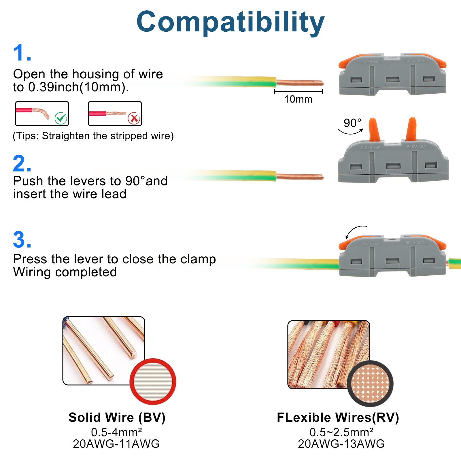 60 PCS 1 in 1 out Compact Wire Connectors Snap-On Terminal Solid & Stranded Wire